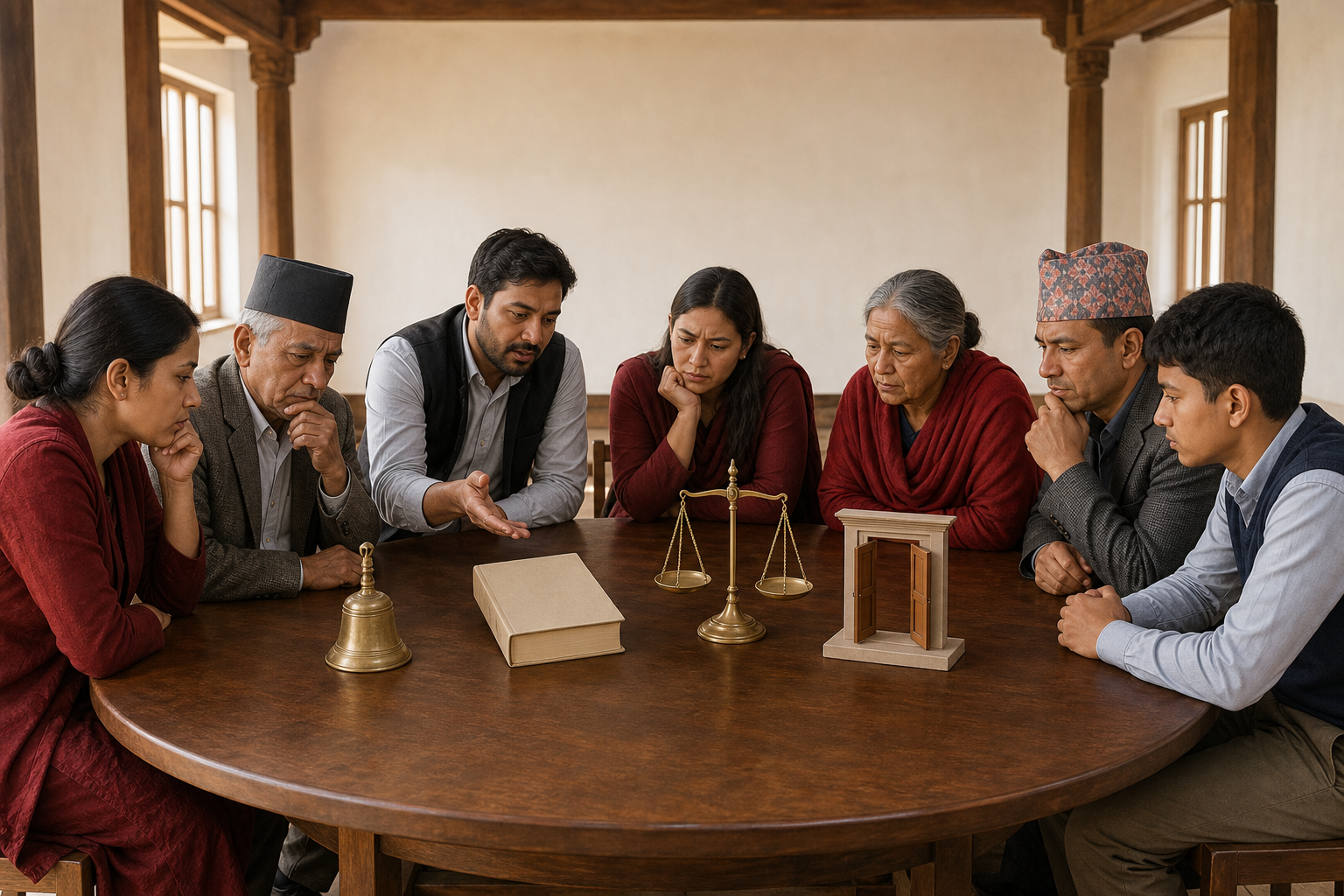 Nepali citizens examine a temple bell, an unmarked book, a balance scale, and an open-door model arranged on a civic meeting table.