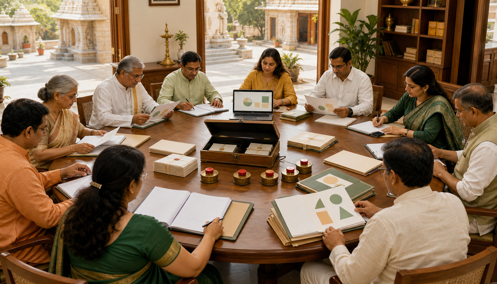 Trustees, auditors, and devotee representatives review ledgers, sealed donation records, and a laptop around a circular table.