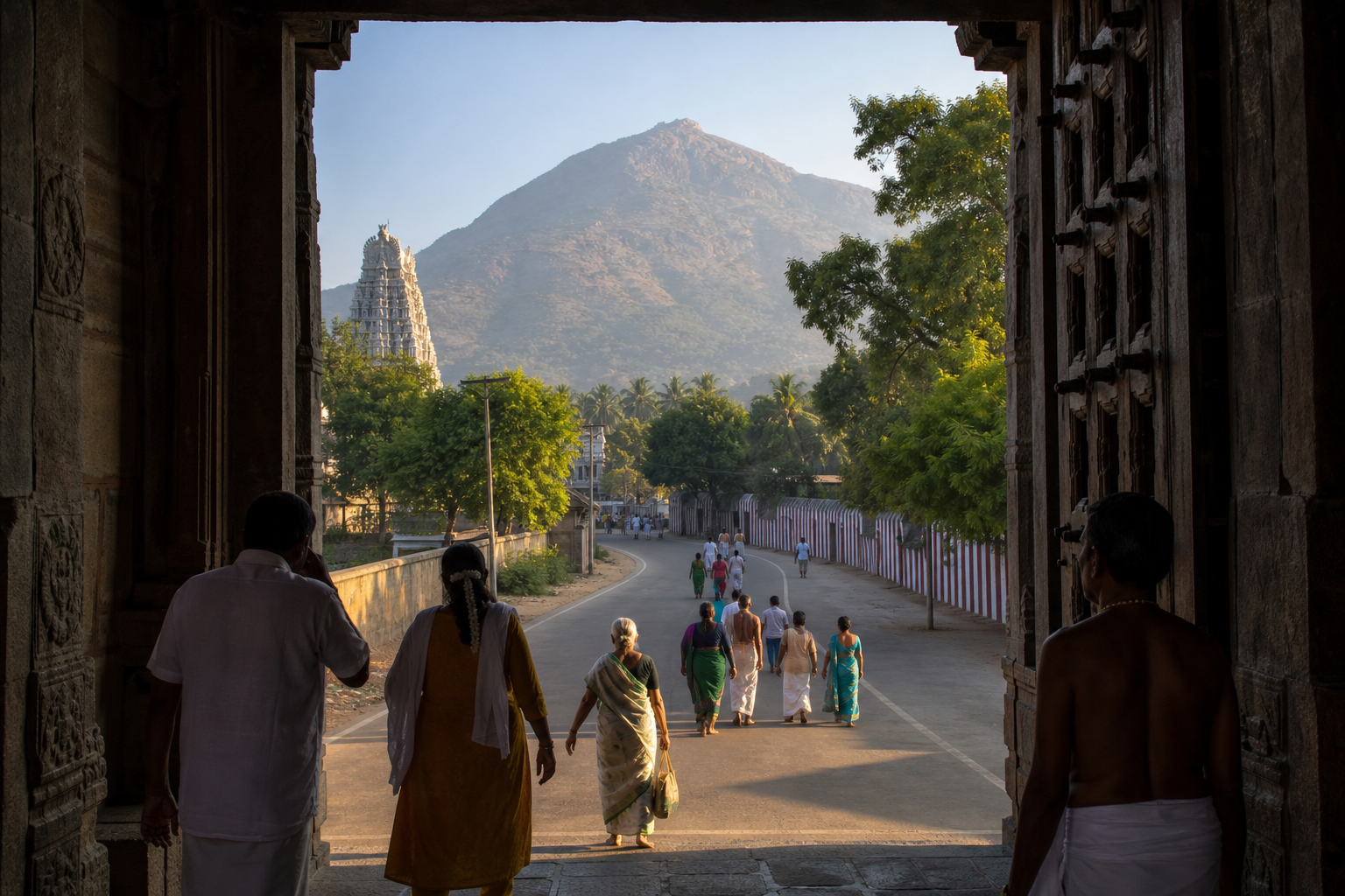 Pilgrims leave a stone temple gateway and continue along a tree-lined road curving toward Arunachala Hill.