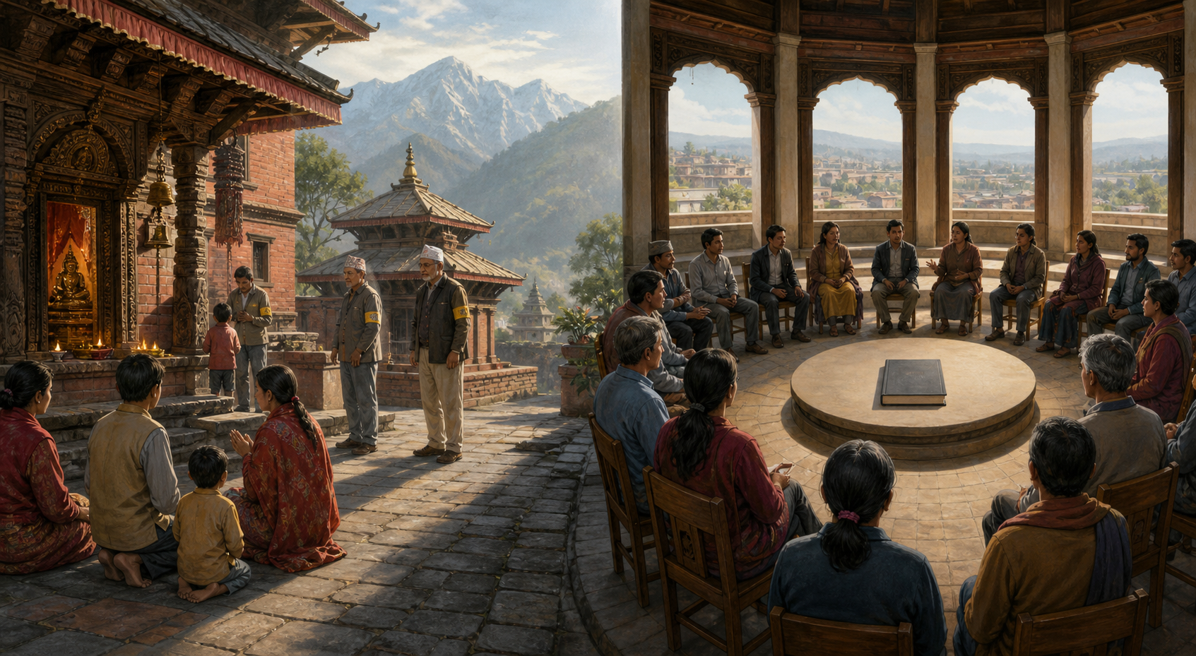 A connected scene shows protected worship in a temple courtyard on one side and citizens discussing an unmarked constitutional book in a civic chamber on the other.