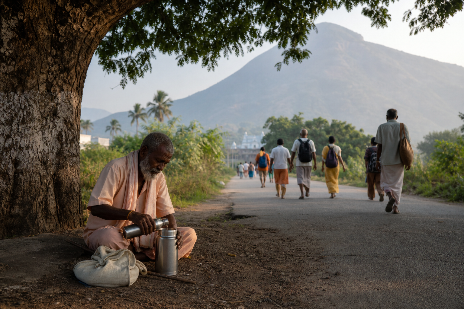 A pilgrim rests beneath a roadside tree with a water vessel and cloth bag as others walk toward Arunachala Hill.