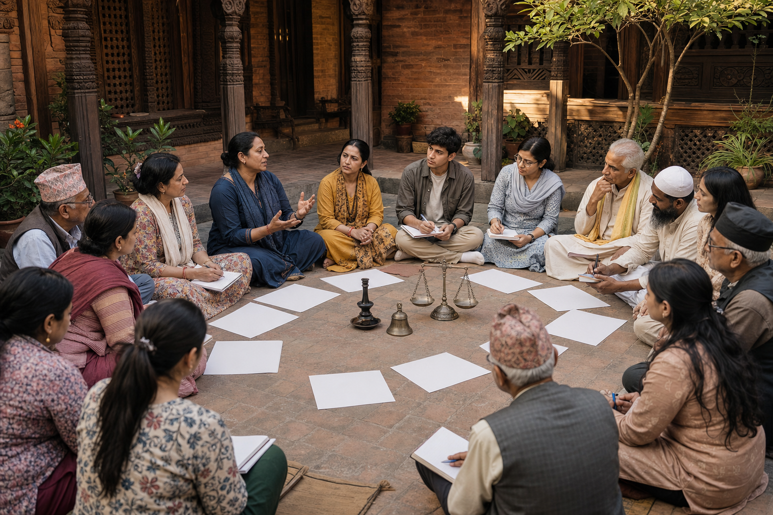 A diverse group of Nepali citizens holds a calm courtyard discussion around a temple bell, balance scale, lamp, and blank papers.