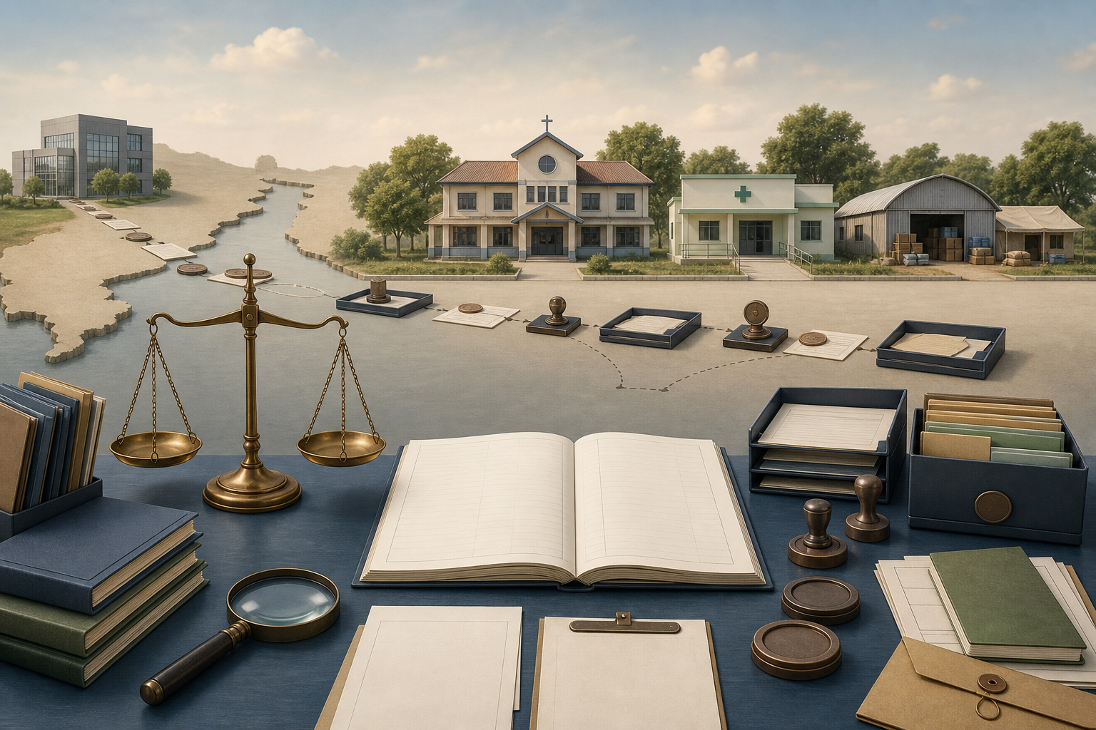 Editorial illustration of a church-run school, clinic and relief centre connected to an investigator's desk by a trail of financial records, with a magnifying glass and balance scale in the foreground.