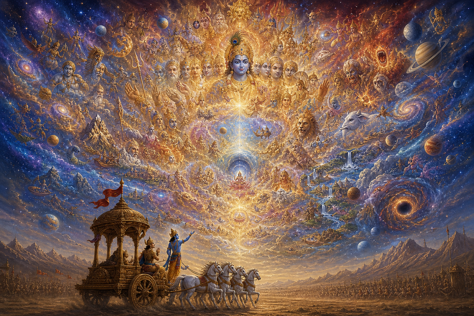 Arjuna kneels beside a chariot as Krishna's immense luminous universal form fills the sky with many faces, arms, beings, planets, stars, mountains, rivers, and fire.