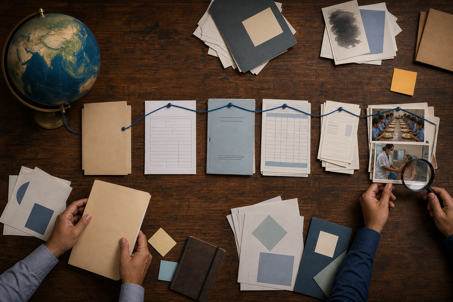 Overhead view of anonymous investigators following a blue thread through donor, banking, compliance and project records to evidence from a school meal programme and clinic.