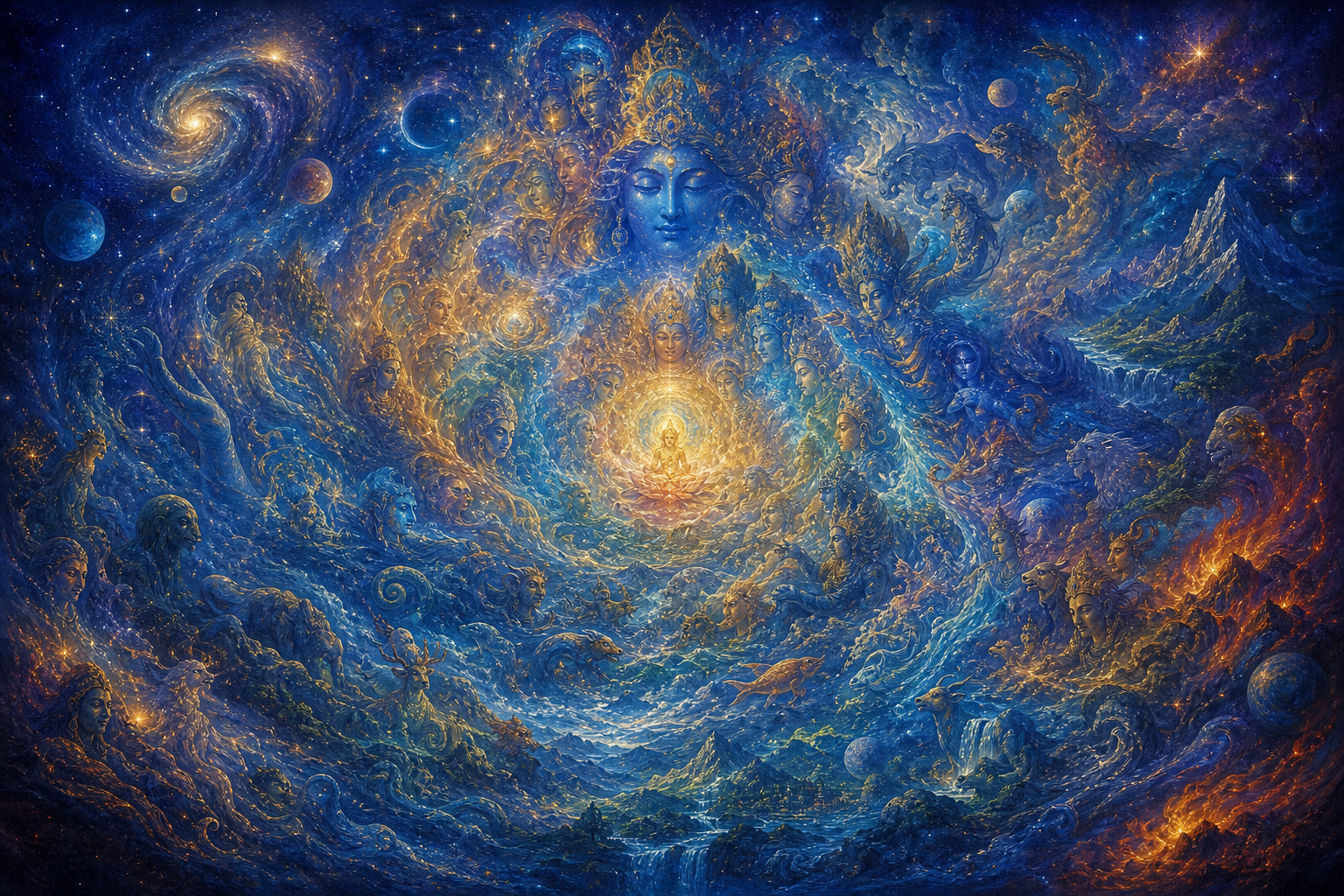 Faces, hands, animals, landscapes, flames, and galaxies merge into one continuous blue-and-gold cosmic presence.