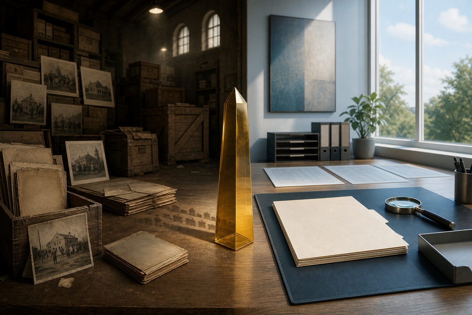 A dim archive of historical files stands apart from a brightly lit modern evidence desk, separated by an amber caution prism and an empty evidence tray.