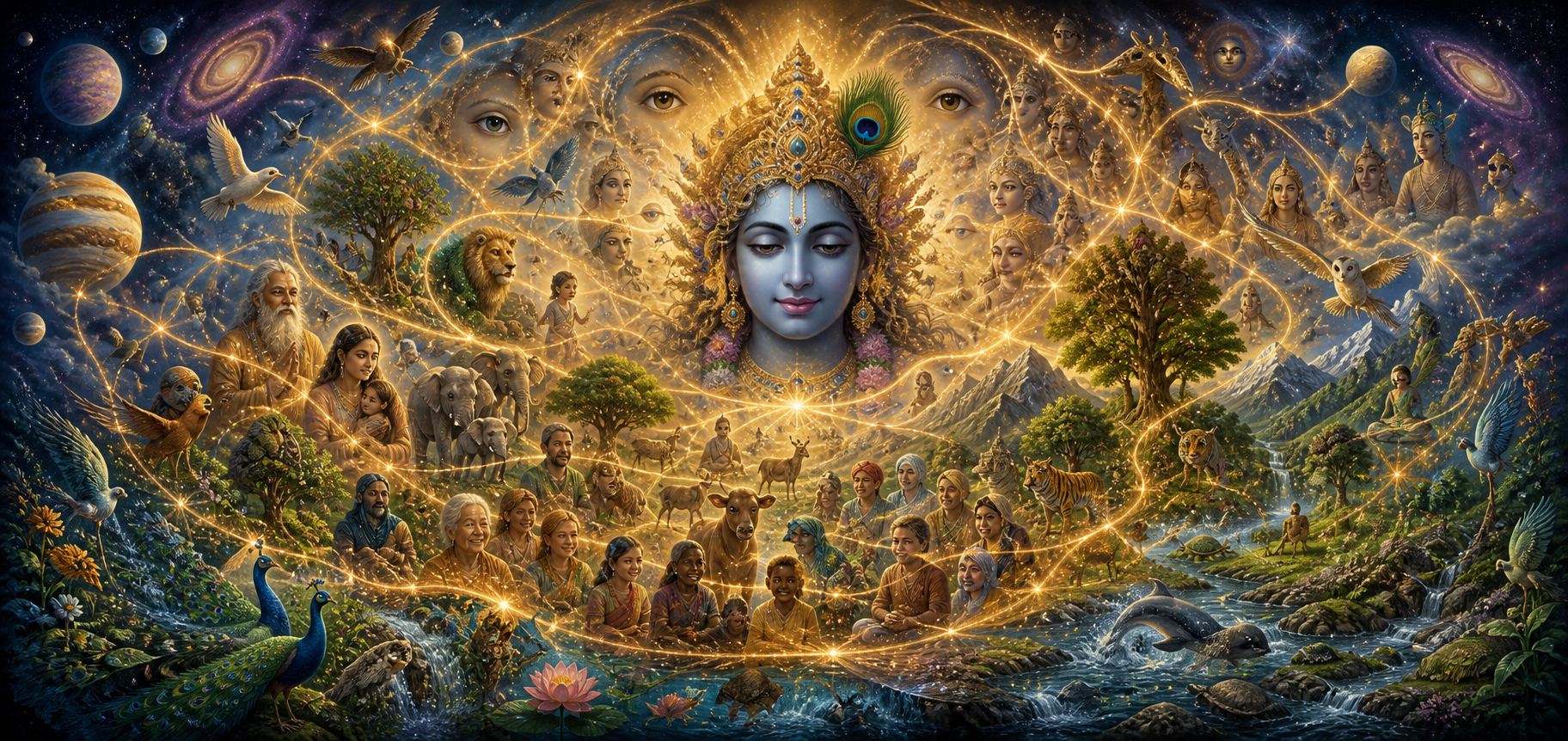 Distinct people, animals, plants, landscapes, planets, and celestial figures remain individually visible within one radiant universal form.