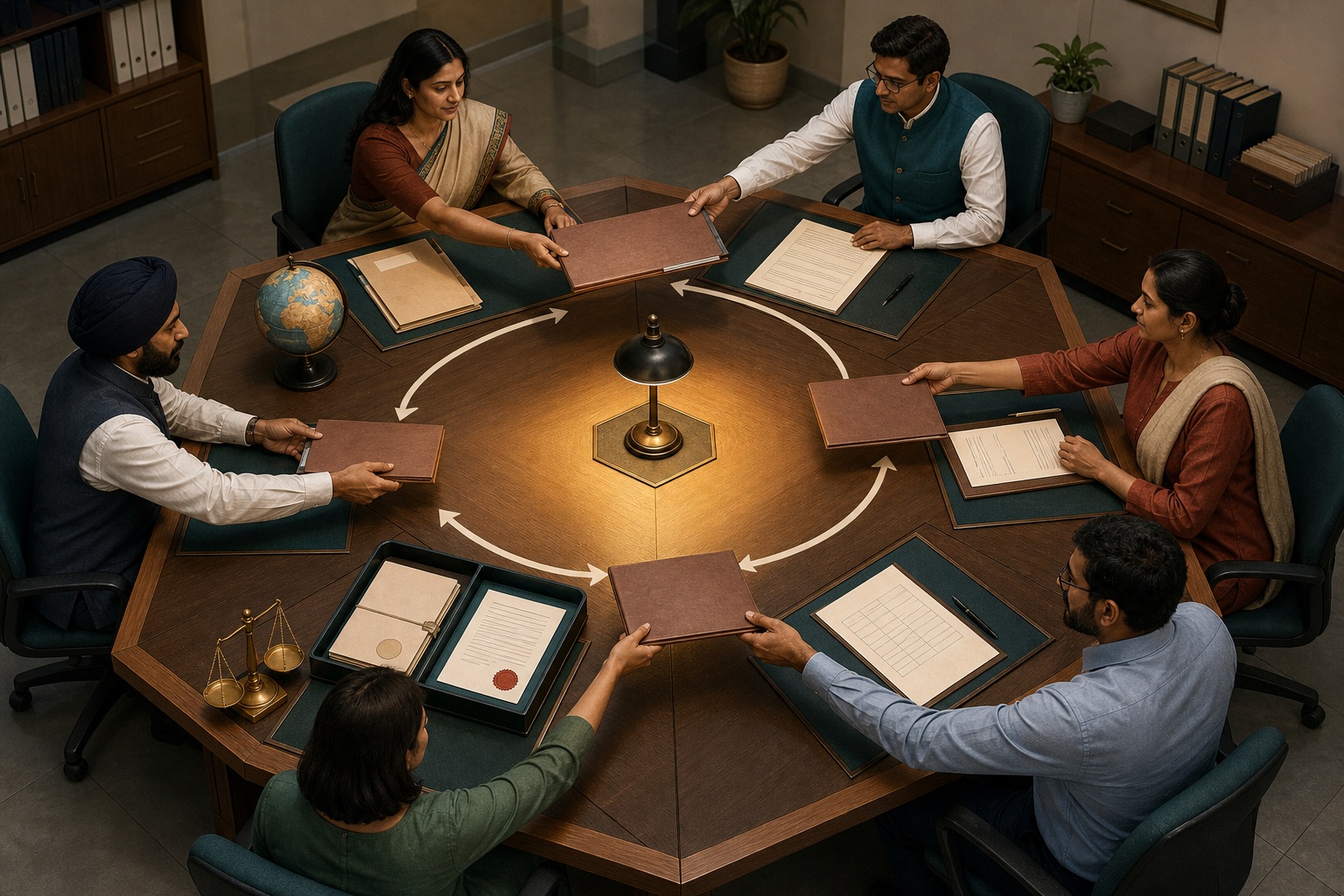Six anonymous auditors examine donor, transfer, recipient, spending, legal and official-finding evidence at separate stations around a hexagonal table.