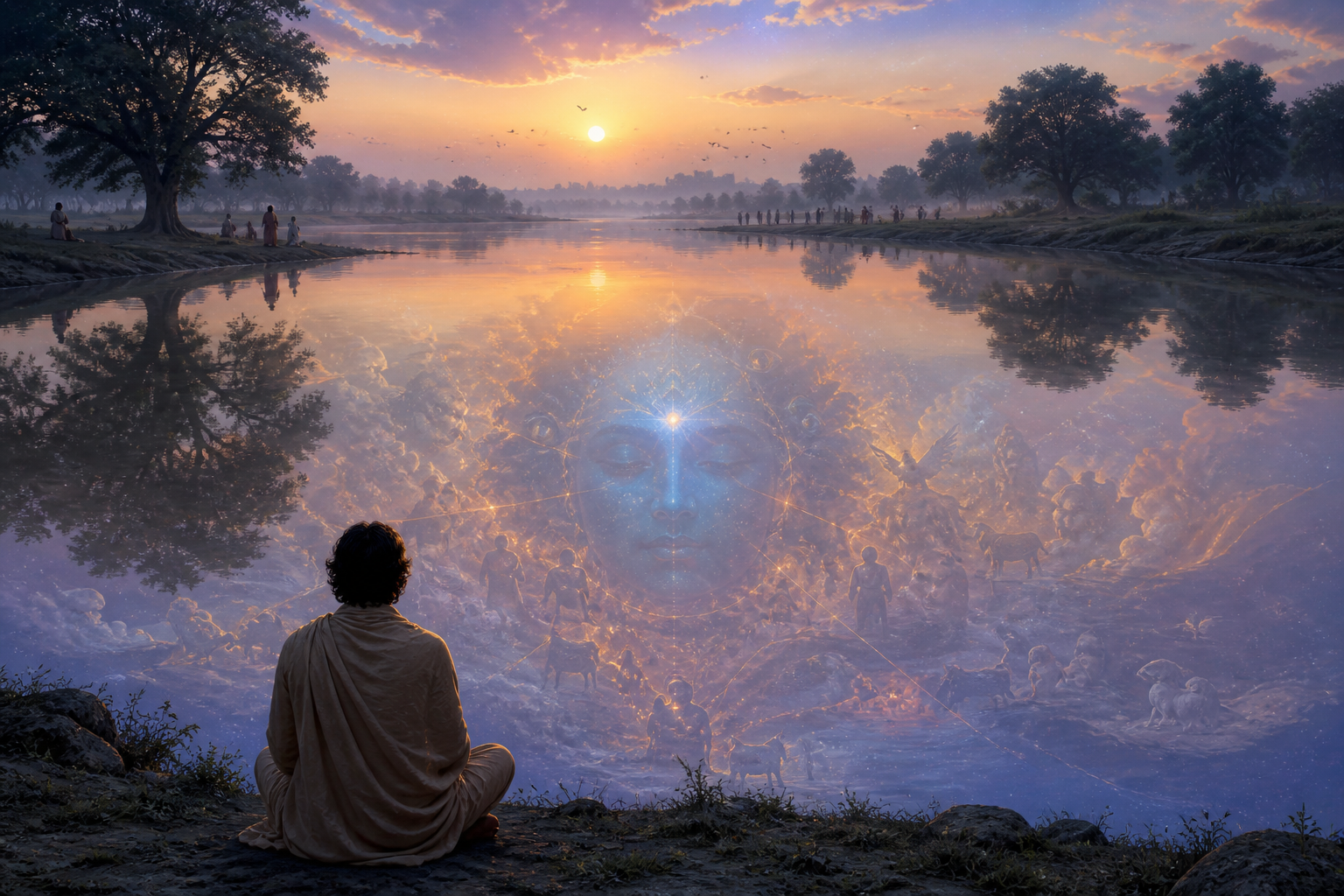 A seated person meditates beside a river whose reflection joins trees, birds, people, clouds, the sun, and stars into a subtle luminous universal form.