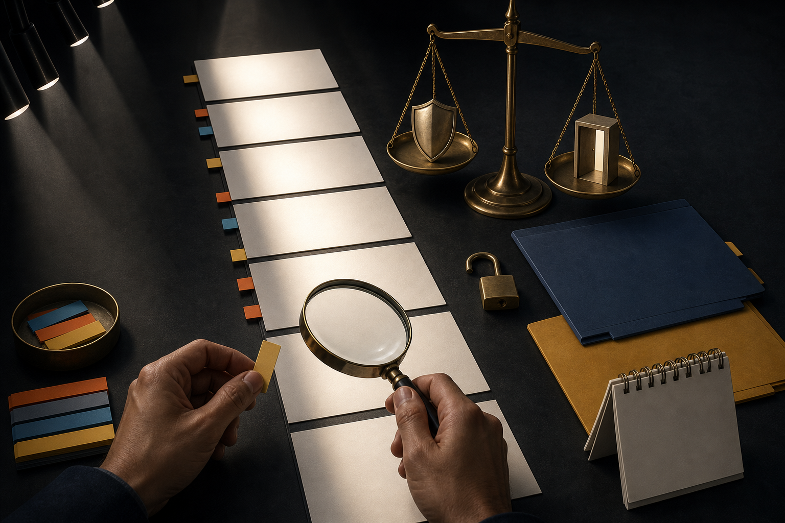 An analyst examines separate blank panels of a proposed legal document beside a balance scale holding a shield and an open doorway.