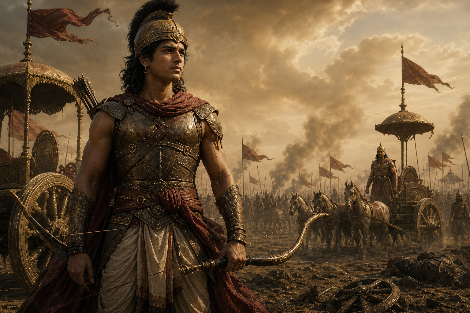 Vrishasena stands with a longbow beside a chariot on the dusty Kurukshetra battlefield while Karna and distant warriors appear behind him.
