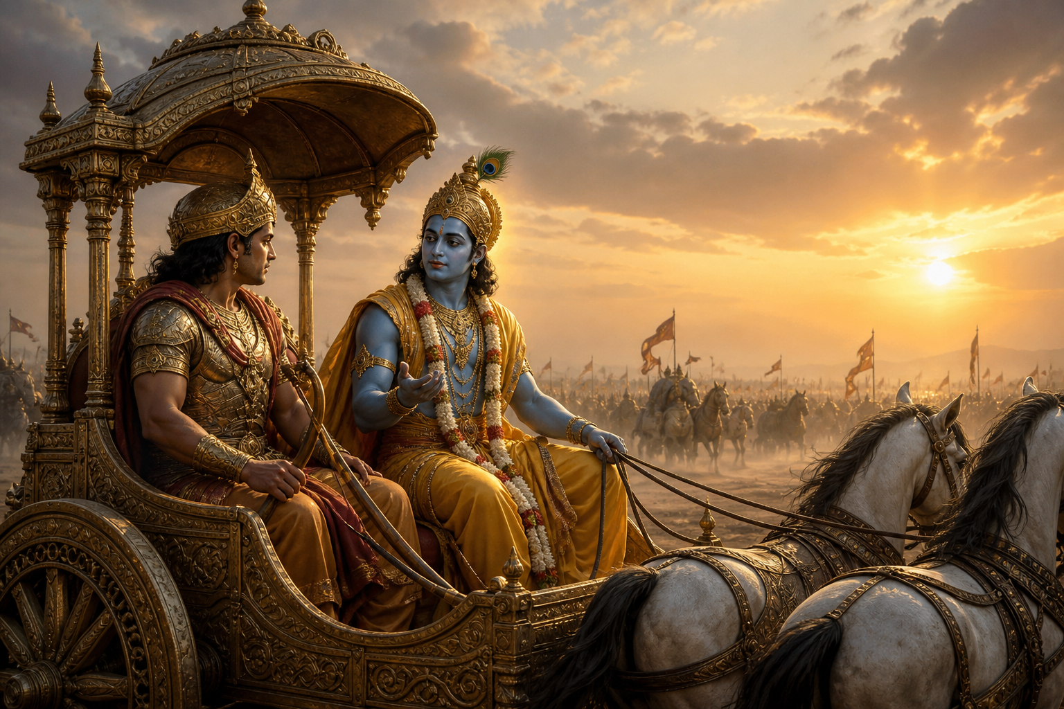 Sri Krishna calmly counsels Arjuna on a chariot as distant warriors gather on a hazy battlefield at dawn.