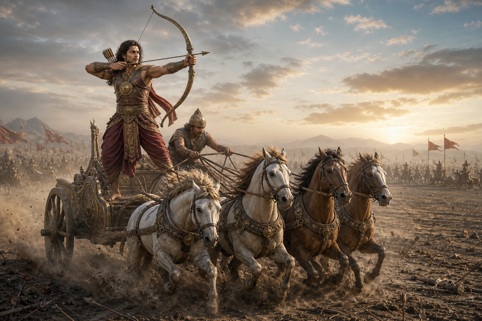 Vrishasena draws a longbow from a fast-moving chariot as horses charge through dust on the Kurukshetra battlefield.
