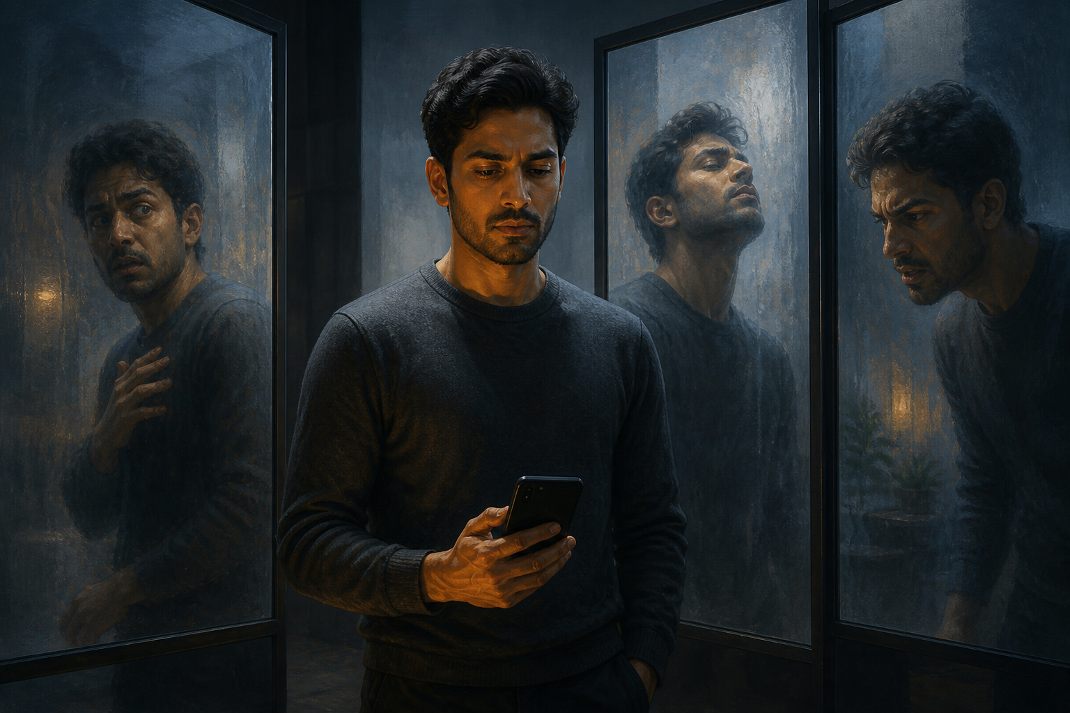 A person pauses with a lowered phone while three distorted reflections around them suggest fear, pride, and anger.