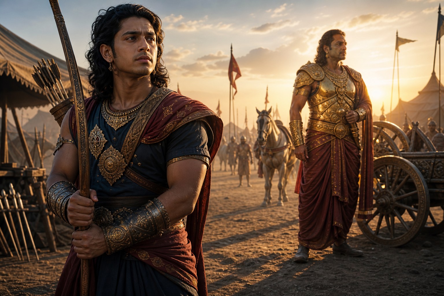 Vrishasena stands in sharp focus with his bow while Karna remains behind him near a chariot wheel in a dawn military camp.