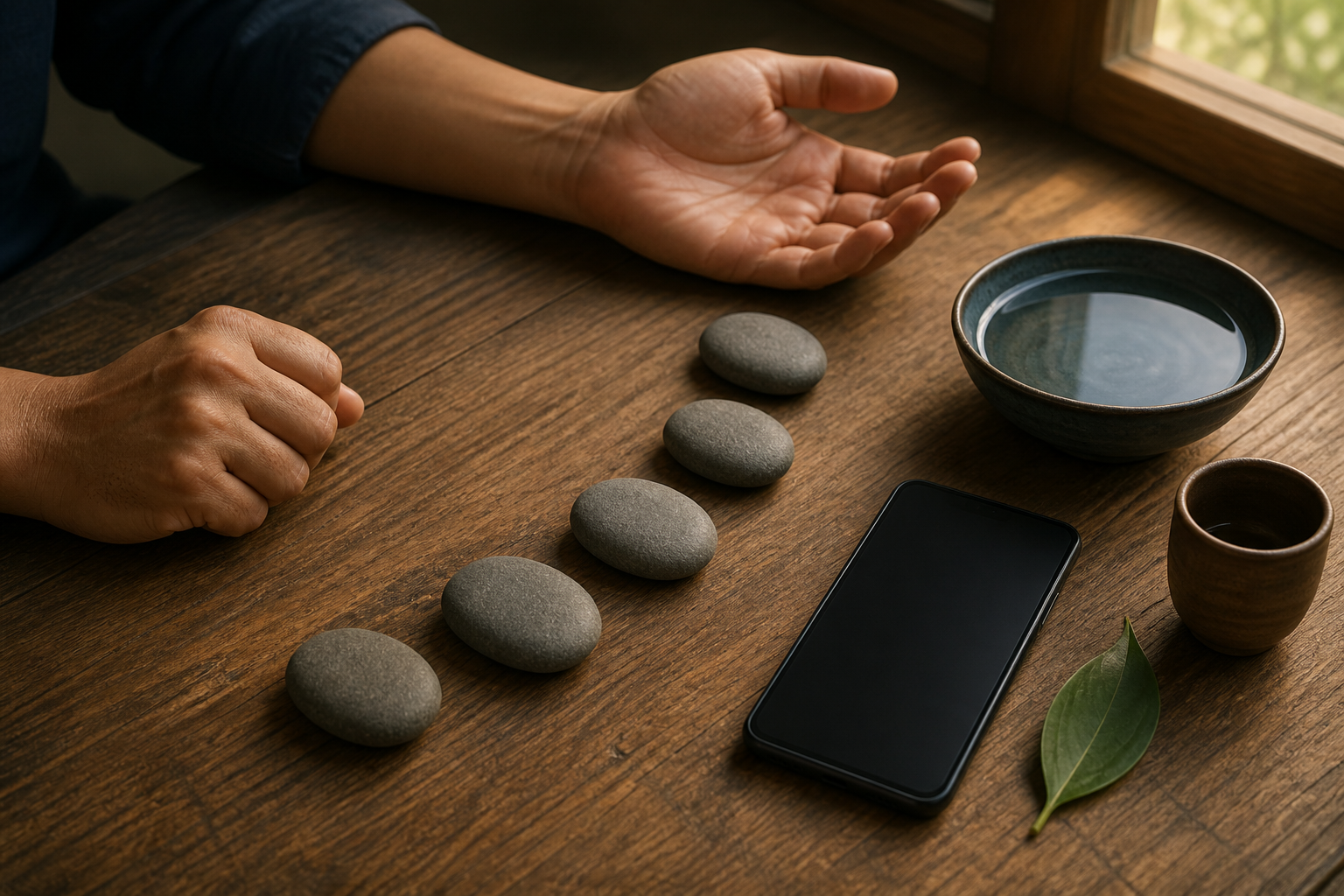 Five smooth stones lead from a tense hand toward an open palm beside a blank phone and a bowl of still water.