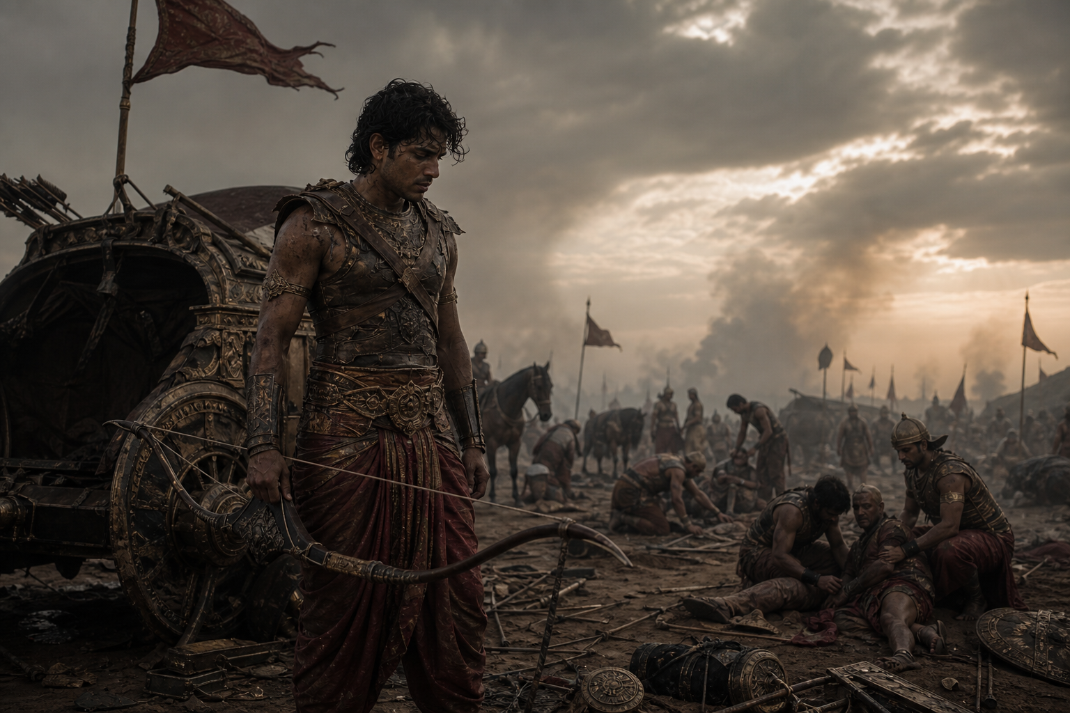 A dusty Vrishasena lowers his bow beside a damaged chariot while warriors tend to the wounded across a smoke-filled battlefield.