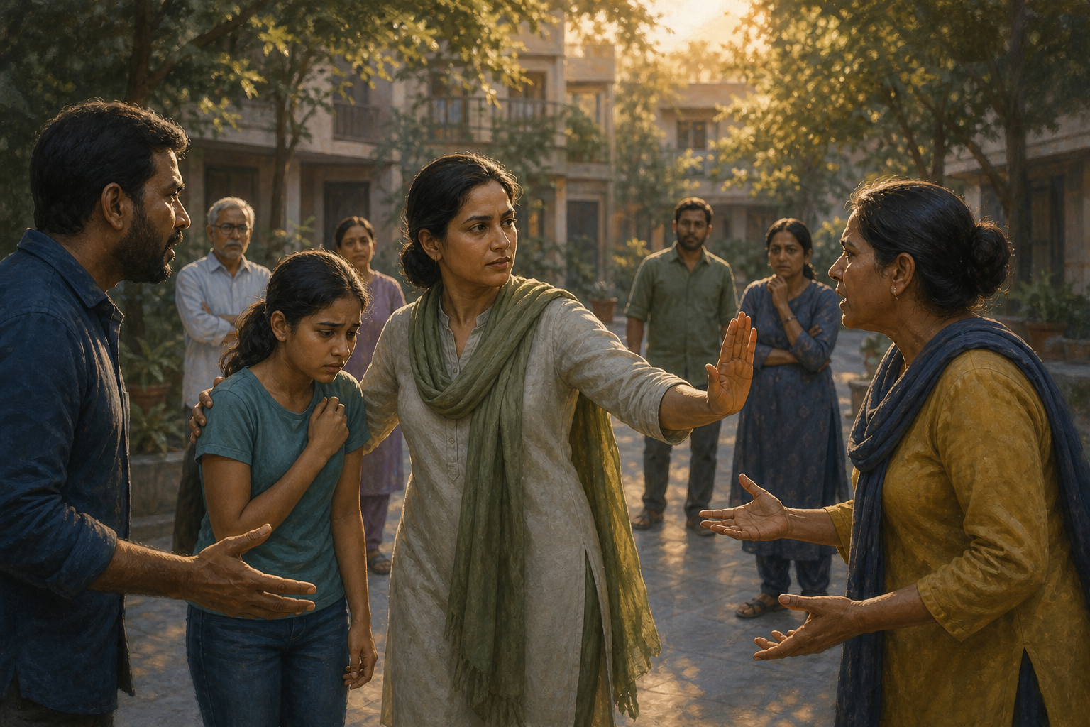 A calm adult steps between an angry dispute and a frightened younger person while guiding the younger person to safety.