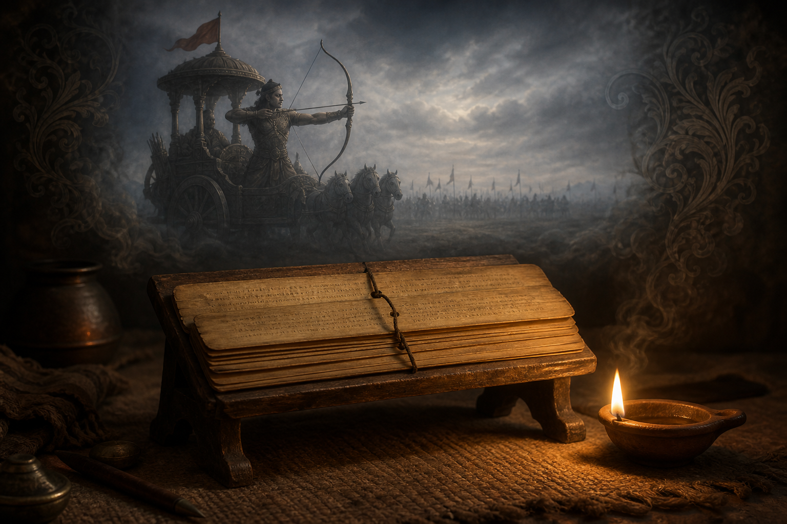 An oil lamp illuminates an old palm-leaf manuscript while a hazy vision of Vrishasena drawing a bow from a chariot appears behind it.