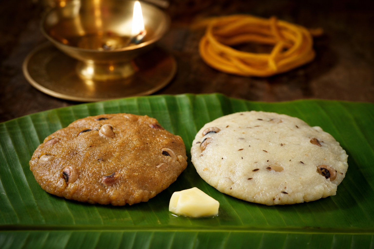 Sweet and savory karadai adai with butter rest on a banana leaf after the Karadaiyan Nombu worship.