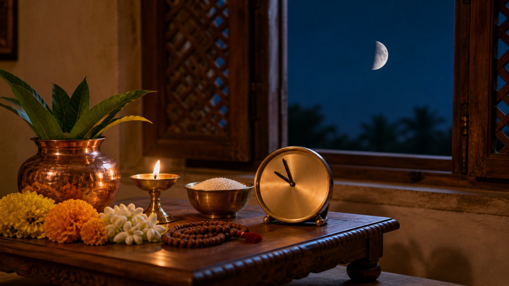 A brass oil lamp, copper water vessel, rice, flowers, prayer beads, and an unnumbered clock sit in a home prayer space beneath a waxing moon at twilight.
