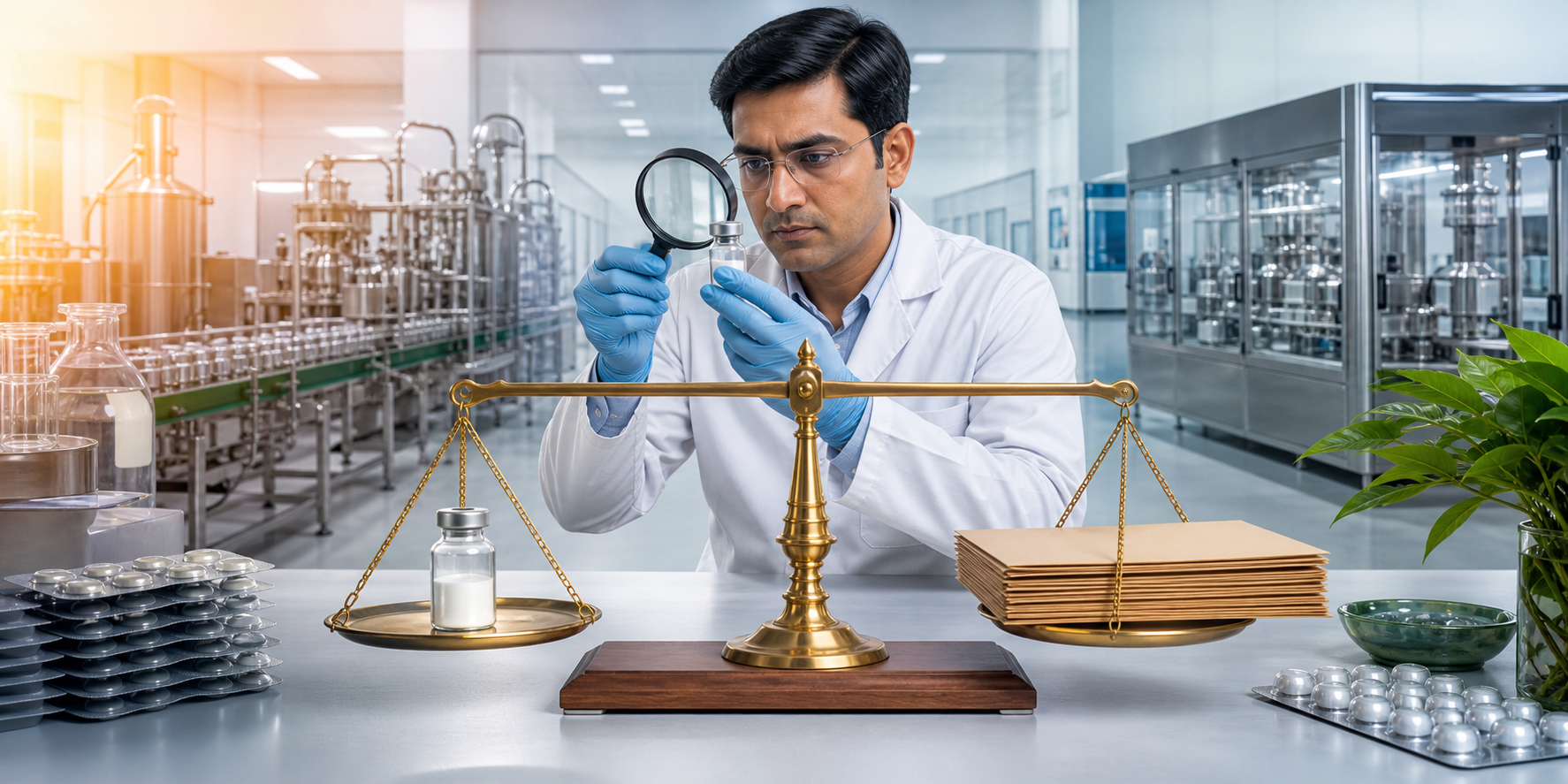 A pharmaceutical quality investigator examines an unbranded medicine vial beside a balanced scale, with a modern manufacturing facility in the background.