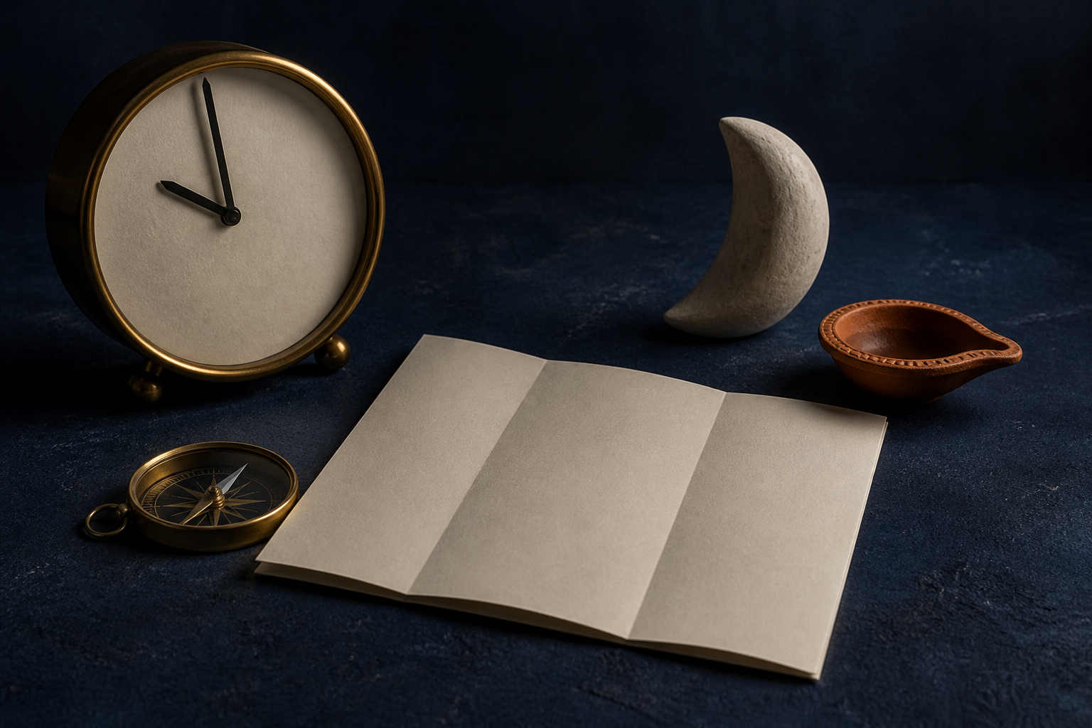 An unnumbered clock set just before ten sits beside a brass compass, an unmarked folded sheet, a stone moon model, and an unlit oil lamp.