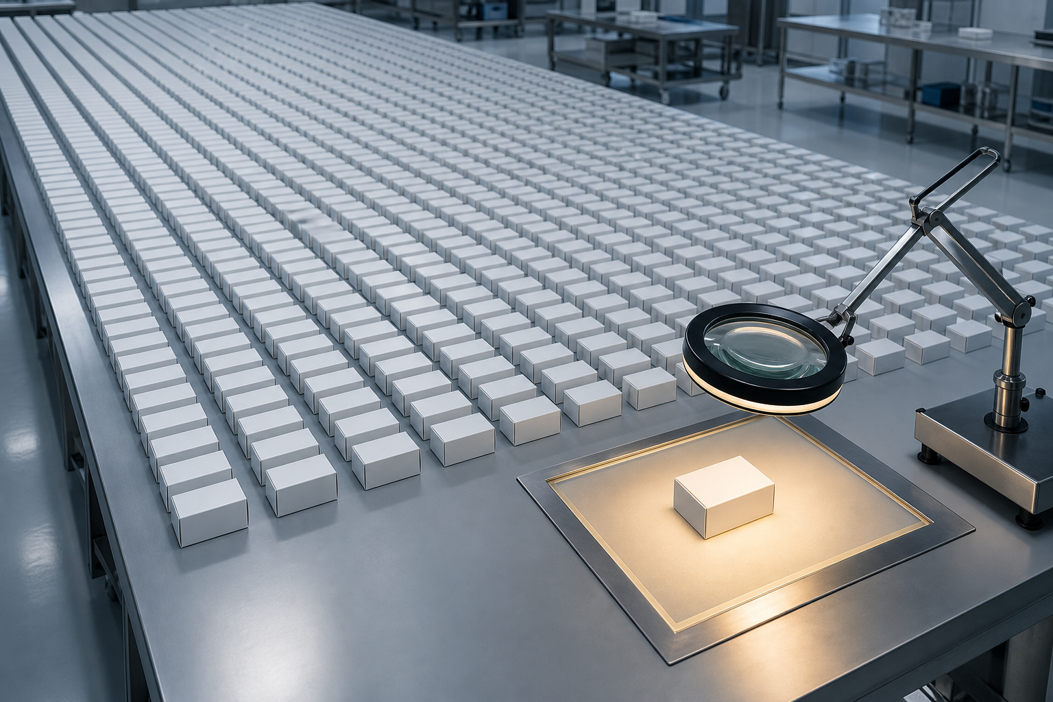 Hundreds of unbranded medicine packages are arranged in rows while one package is isolated beneath a magnifying glass.