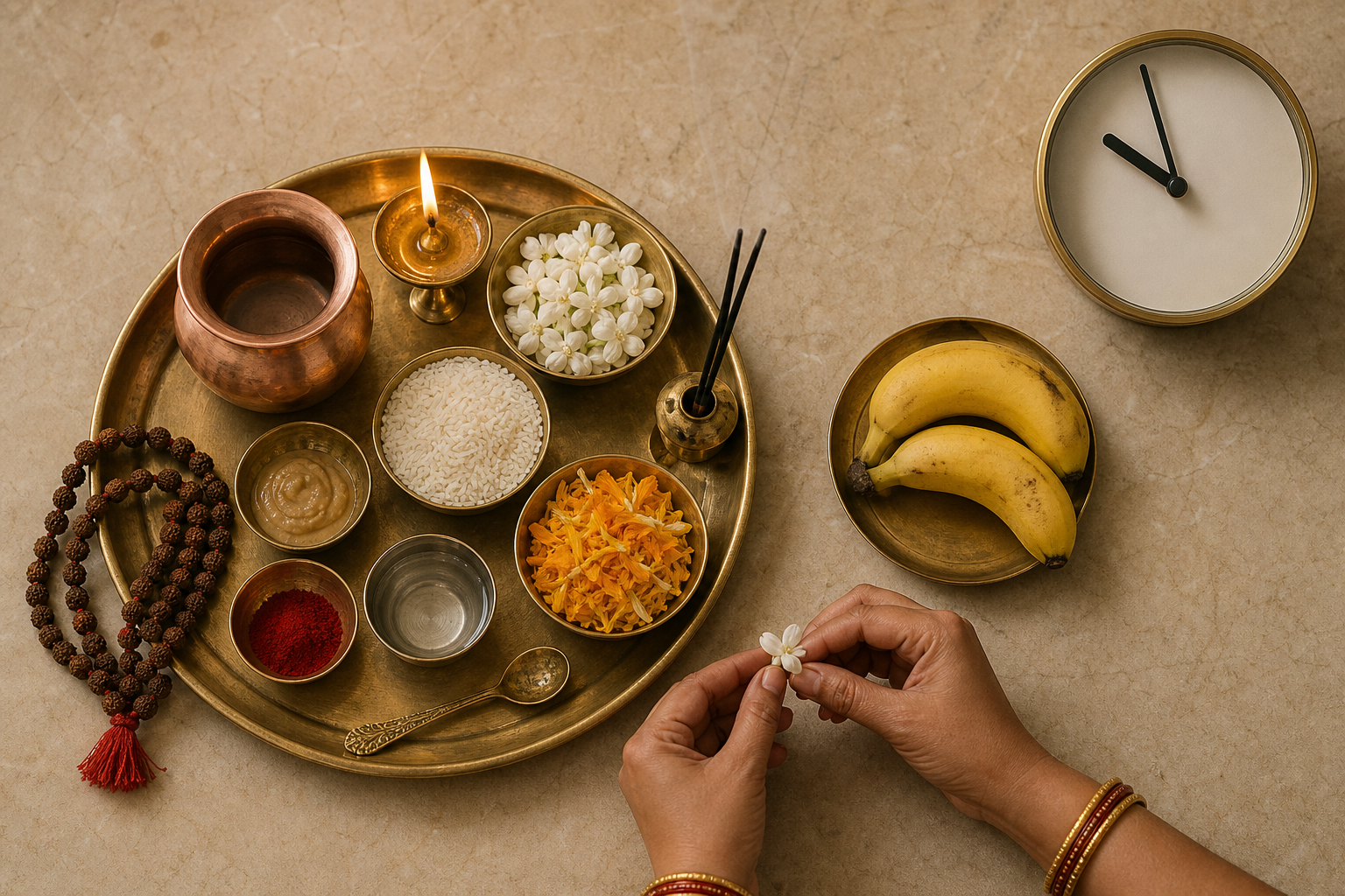 A devotee's hands prepare a single puja setting with a lit lamp, water vessel, rice, flowers, fruit, incense, and a clock approaching ten.