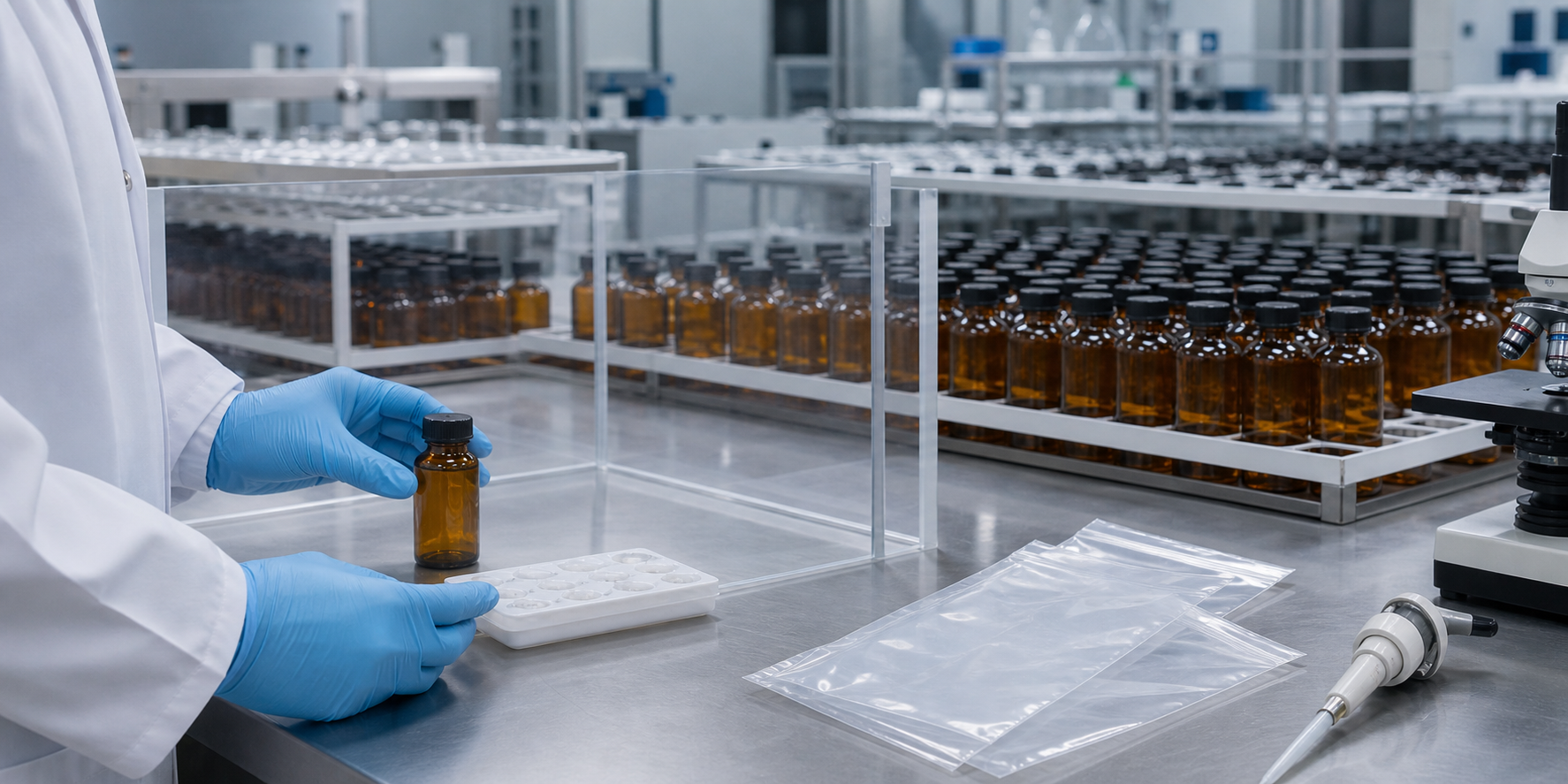 A gloved inspector isolates one medicine bottle and batch tray from orderly racks of other bottles in a quality-control laboratory.