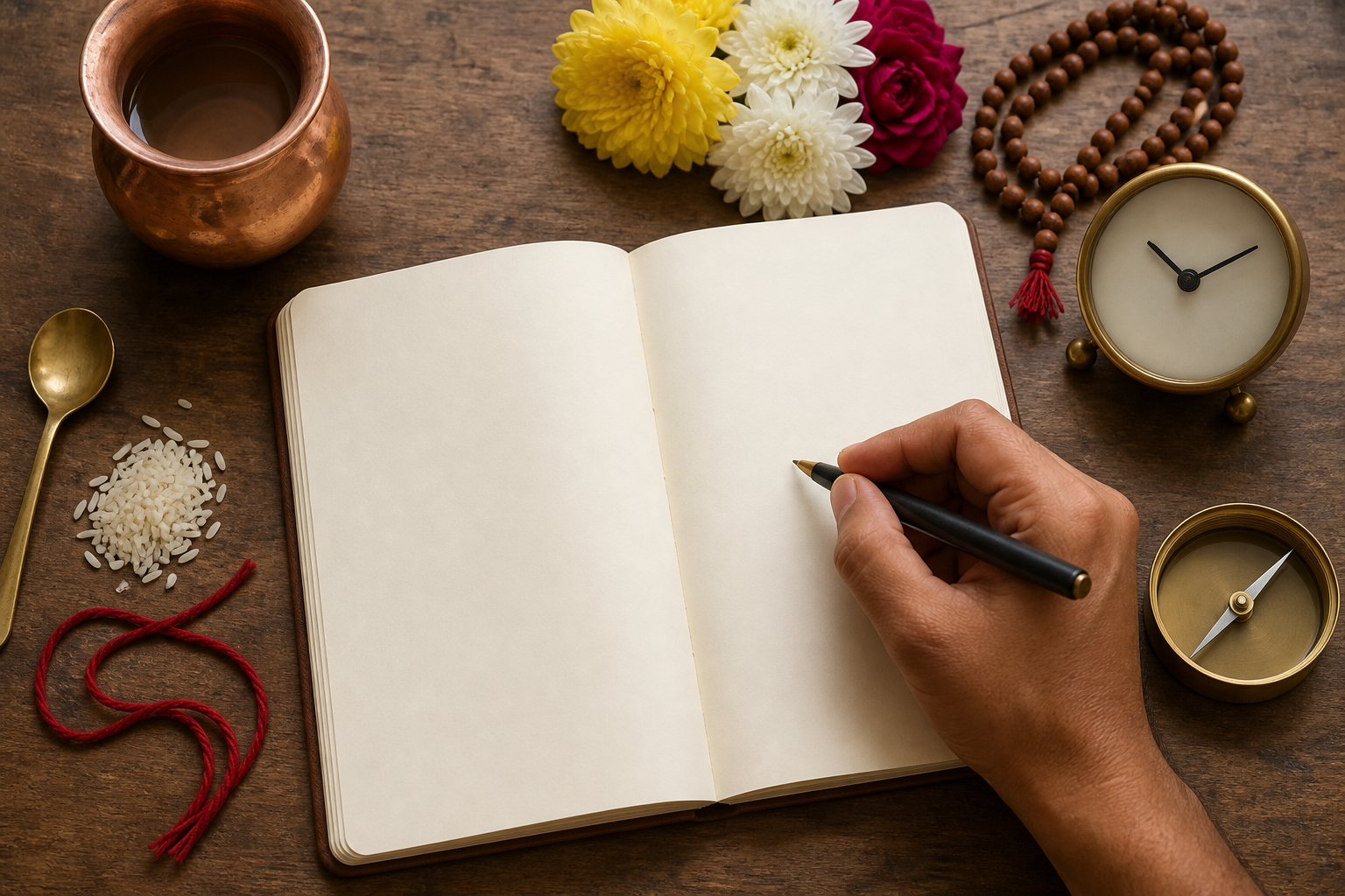 A hand holds a pen over a blank notebook beside a copper vessel, rice, red thread, flowers, prayer beads, a compass, and an unnumbered clock.