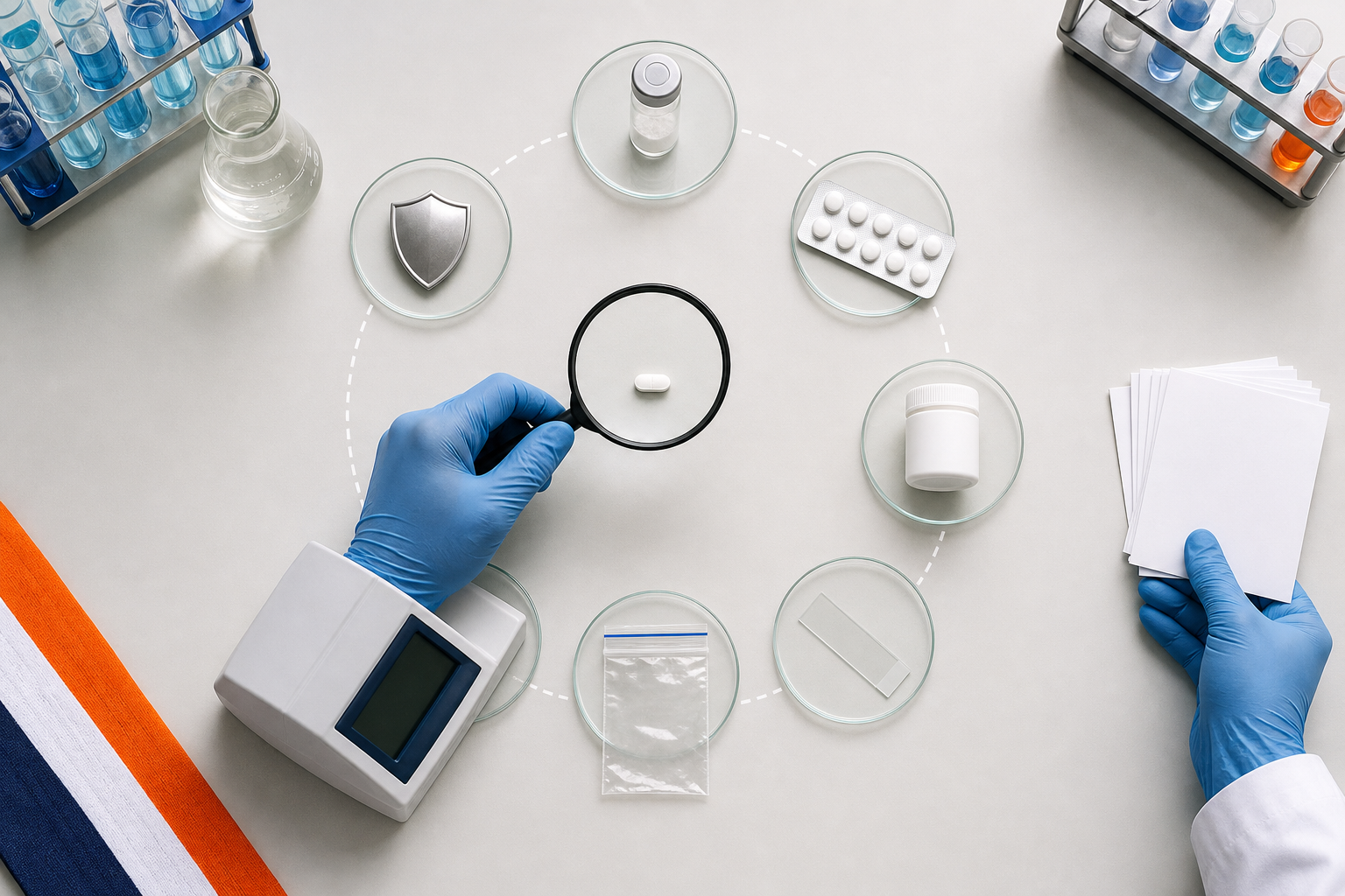 Seven unmarked evidence stations surround a medicine sample being inspected with a magnifying lens on a laboratory desk.