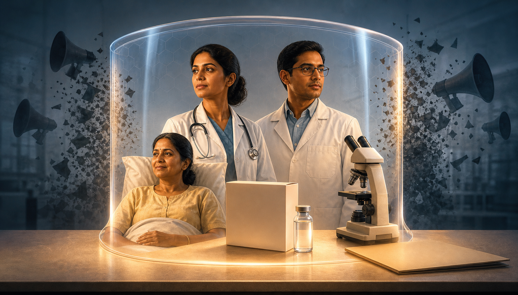 A healthcare professional and quality scientist protect a patient behind a transparent shield as dark megaphone-like shadows dissolve near an evidence table.