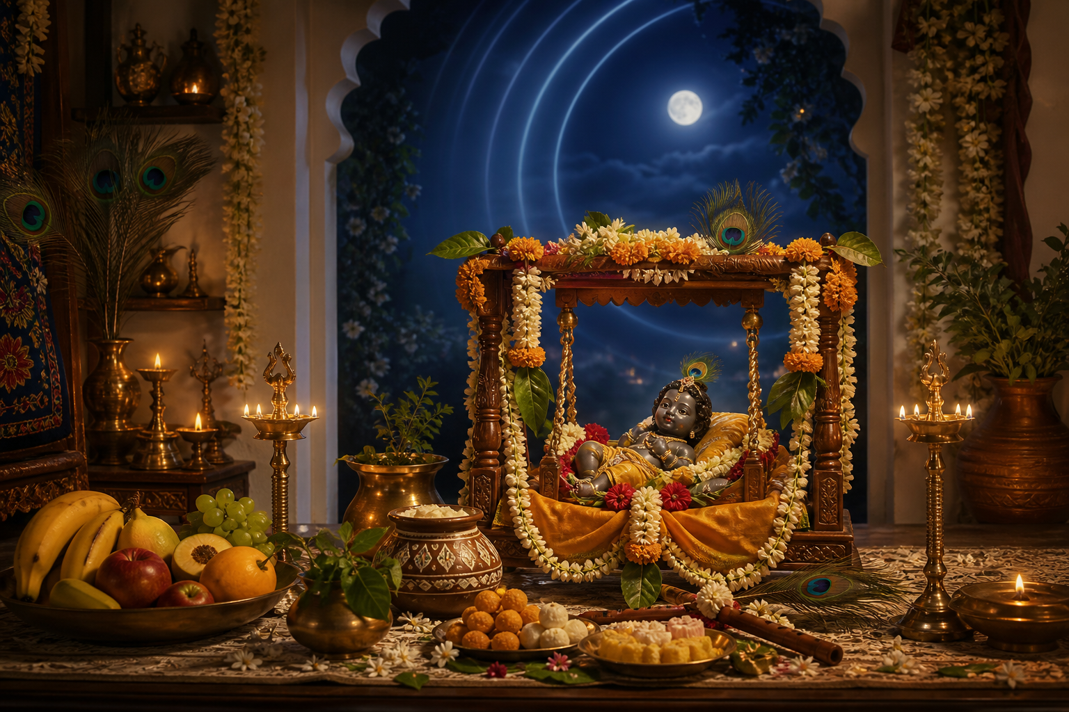 An infant Krishna murti in a flower-decorated cradle, illuminated by brass lamps and moonlight on a Janmashtami altar.