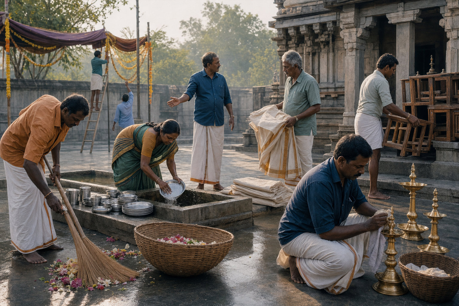 Devotees sweep flower petals, wash steel plates, clean brass lamps, fold cloth, and store stools in a temple courtyard after a festival.