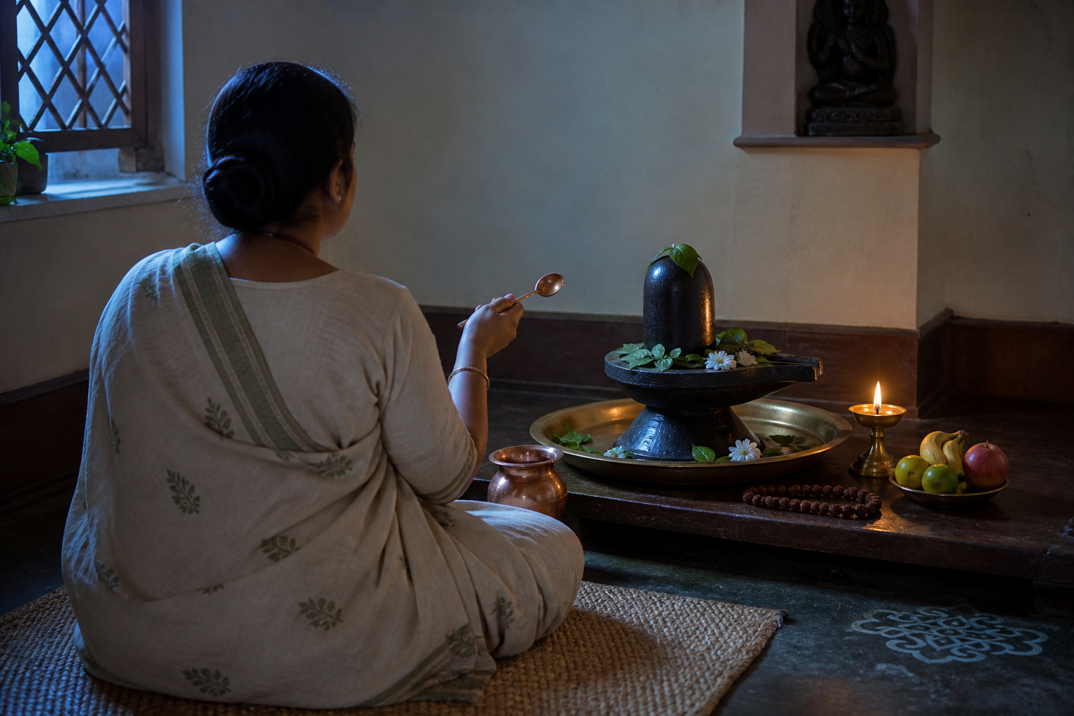 A devotee makes a quiet sankalpa before a household Shiva altar with a lingam, bilva leaves, flowers, a rudraksha mala, fruit, and an oil lamp.