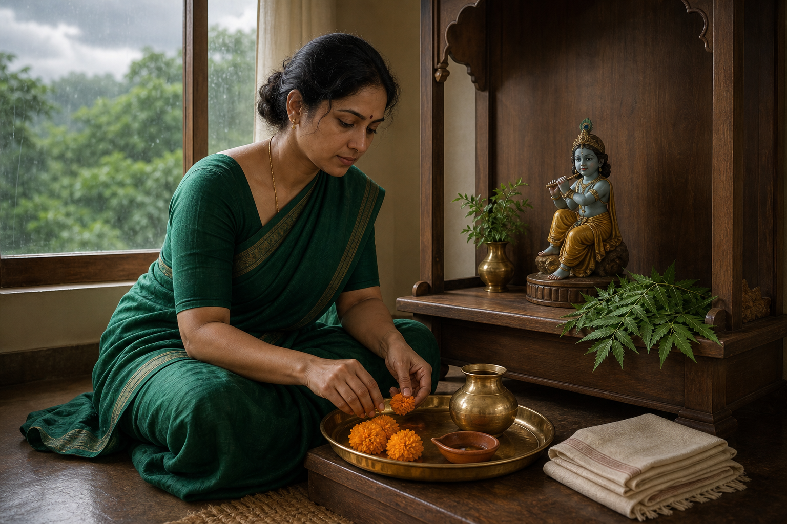 A woman arranges a puja tray beside a small Sri Krishna murti and fresh neem leaves in a home shrine during monsoon weather.