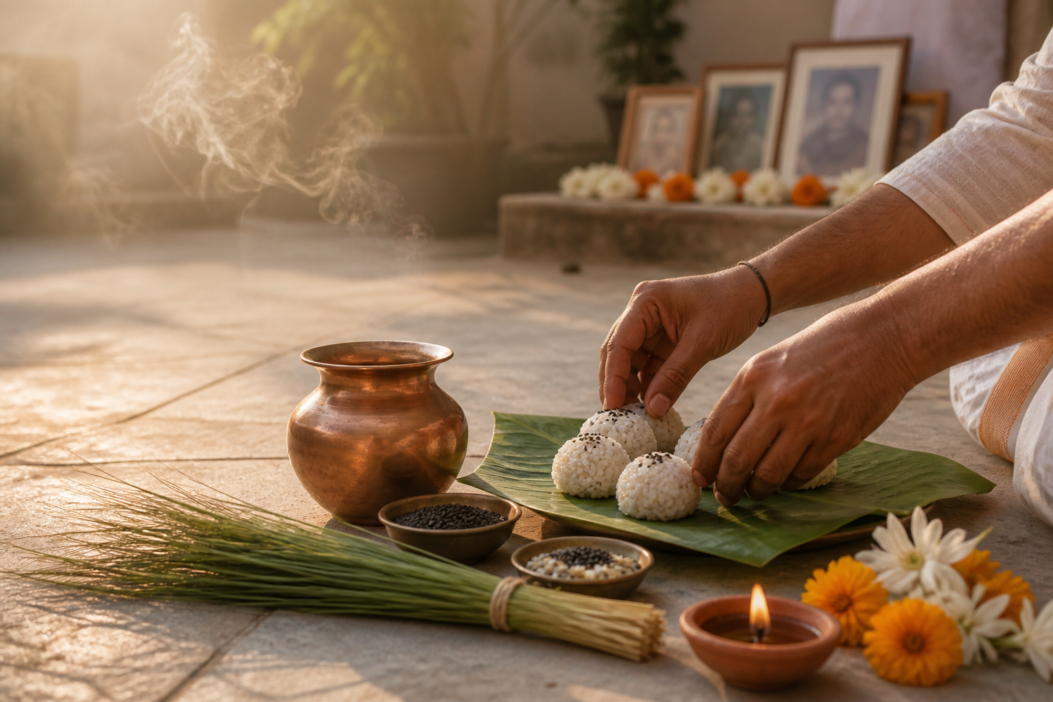 Hands arrange rice pindas, black sesame, kusha grass, flowers, a copper water vessel and a clay lamp in a home courtyard at dawn.