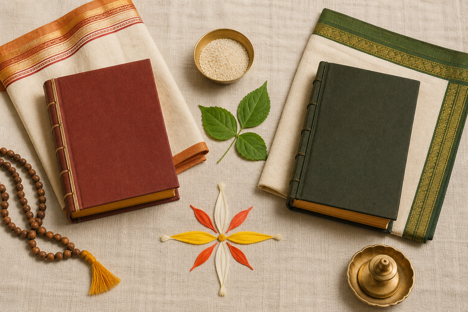 Two unmarked traditional almanacs lie beside prayer beads, rice, bilva leaves, and regional textile details, representing the need to confirm a calendar tradition.