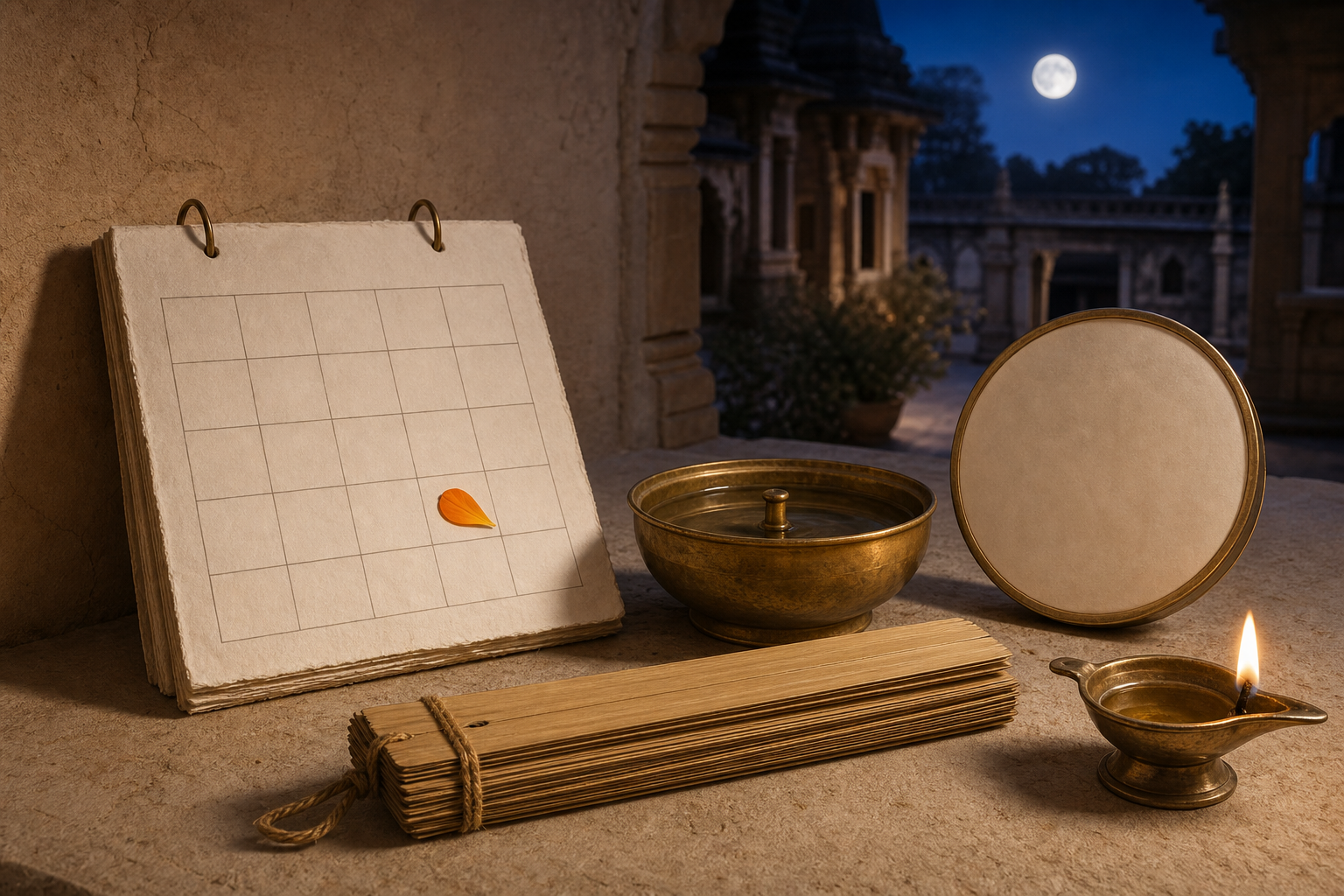 An unmarked calendar, blank clock face, palm-leaf bundle, brass timing vessel, marigold petal, and oil lamp arranged beside a moonlit courtyard.