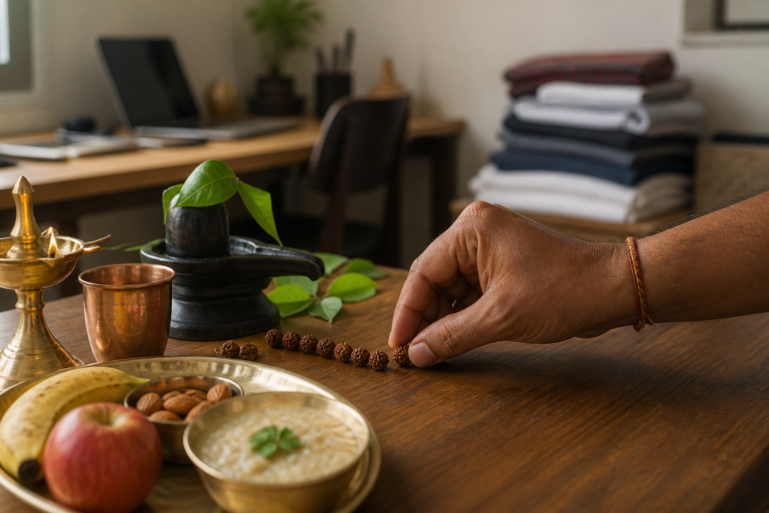 A devotee's hands arrange rudraksha beads beside a simple puja setting and modest food while everyday household items remain in the background.
