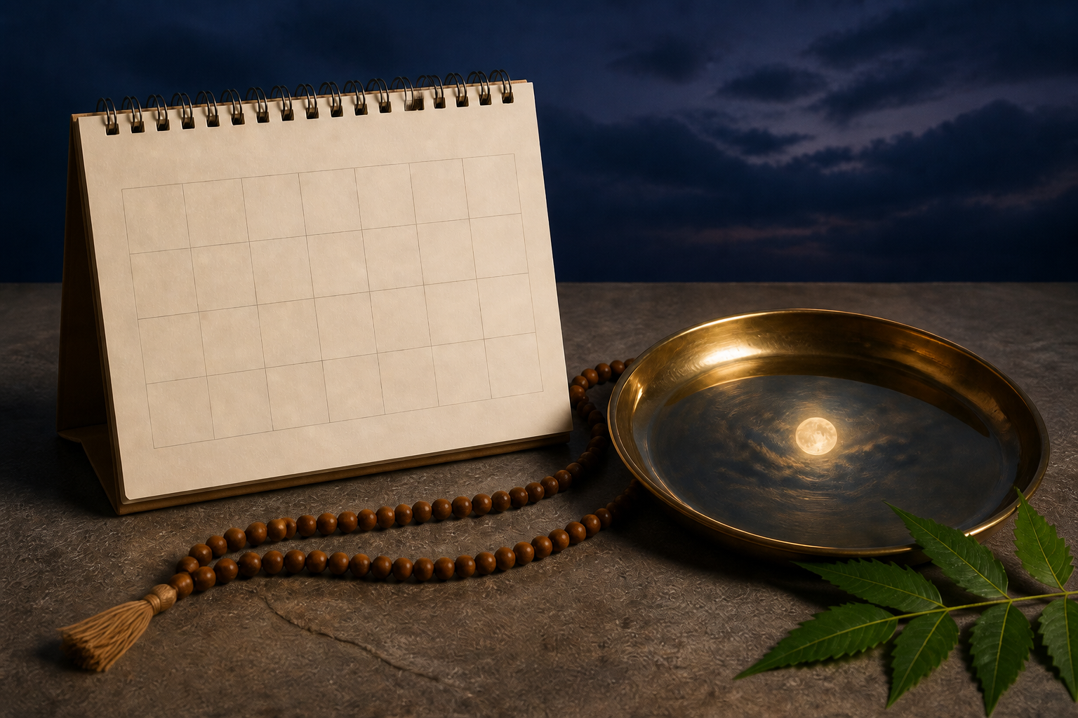 A blank paper calendar lies beside a brass plate reflecting the moon, with wooden beads and neem leaves connecting the two objects.