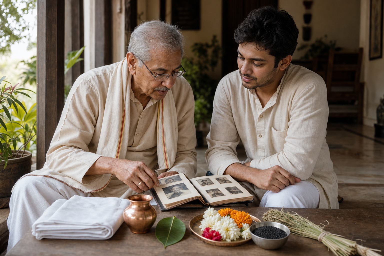 An older family member guides a younger adult beside an ancestral photo album and a small group of ritual materials on a veranda.