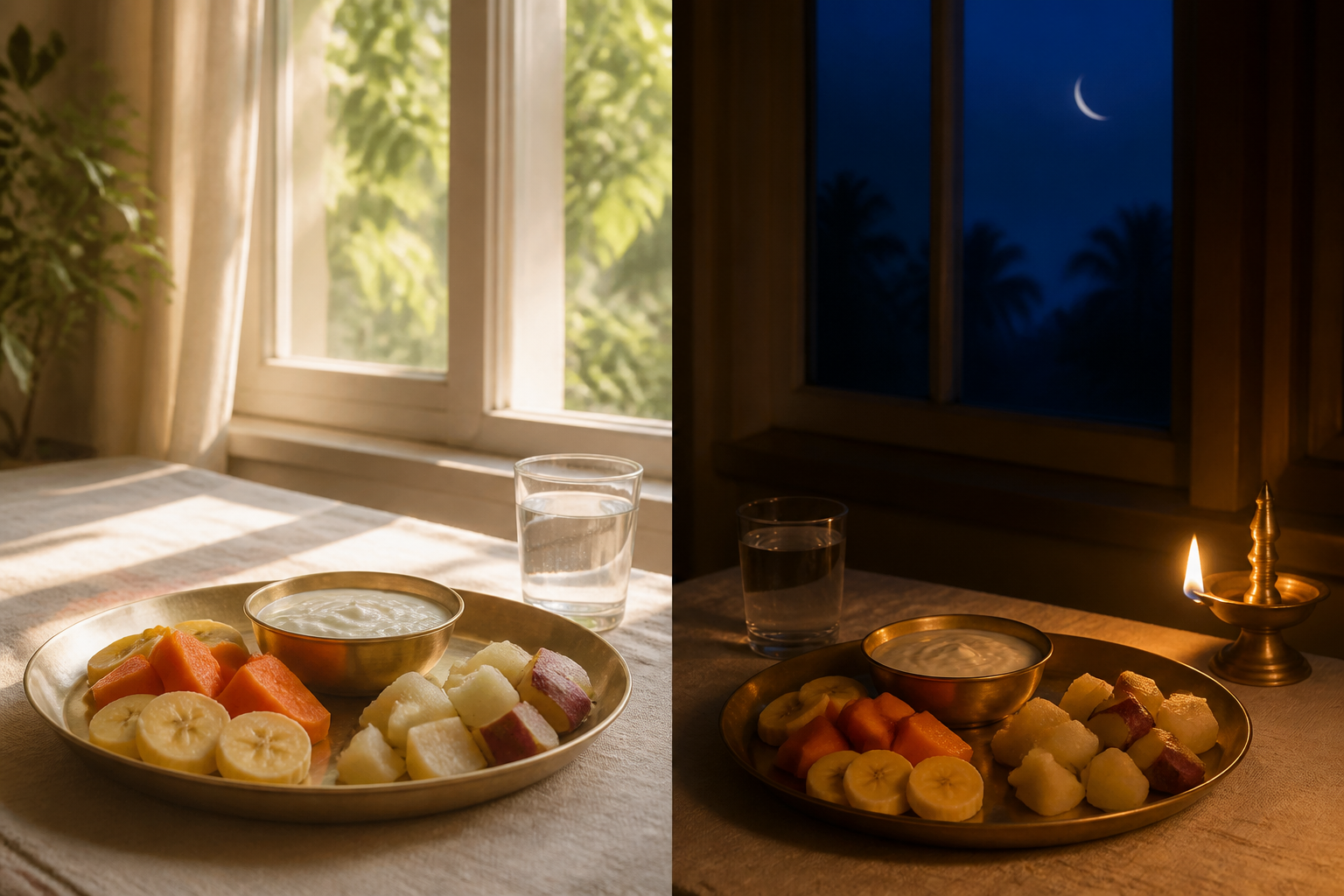 Two separate meal settings show a modest vrat meal in daylight and another modest meal after sunset, illustrating distinct fasting schedules.