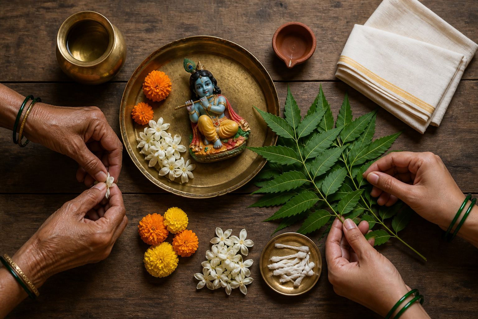 Two people arrange a Sri Krishna murti, neem leaves, flowers, a clay lamp, and brass puja vessels on a wooden platform.