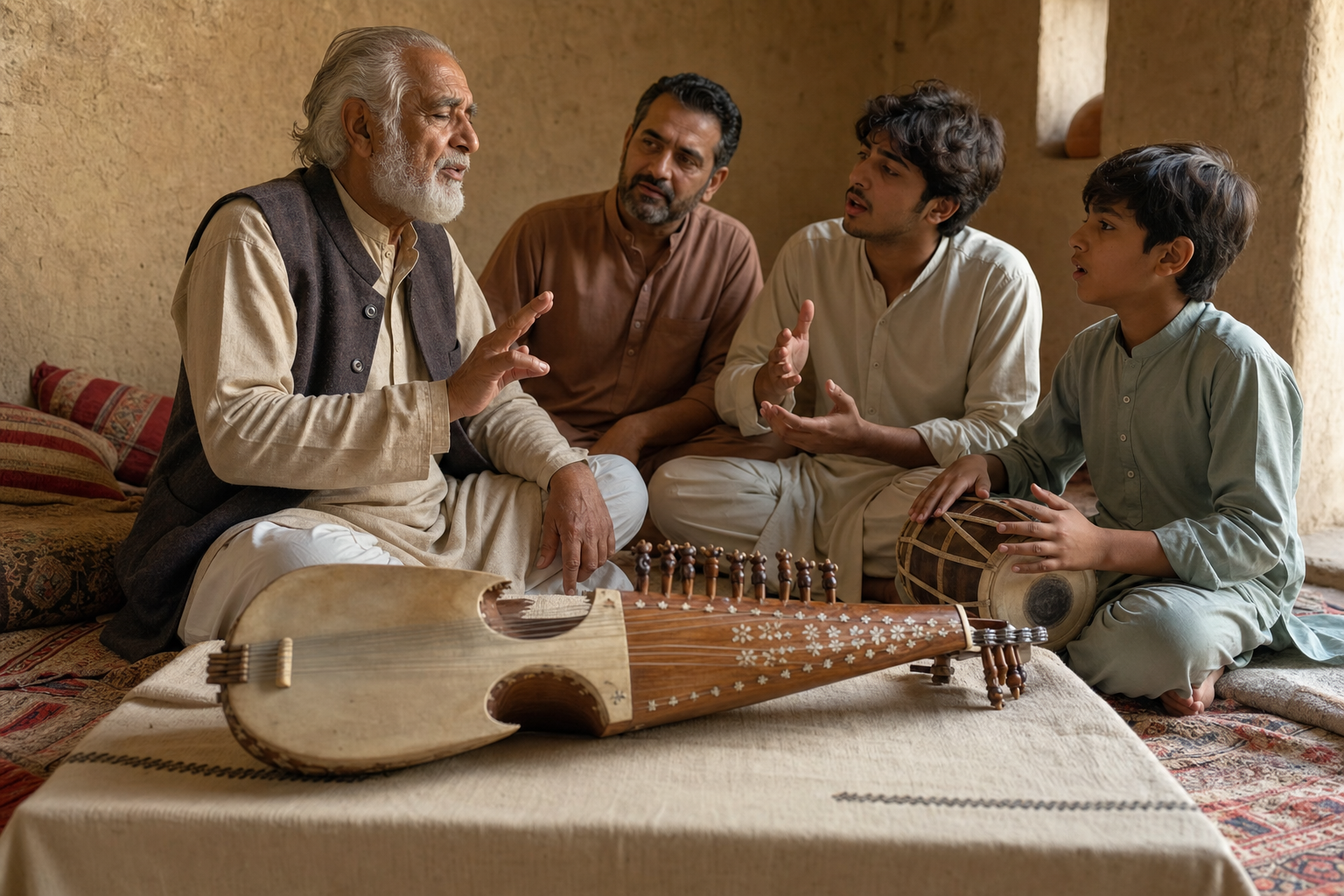 A wooden rabab rests in the foreground while an elder musician teaches younger singers and a percussionist in the background.