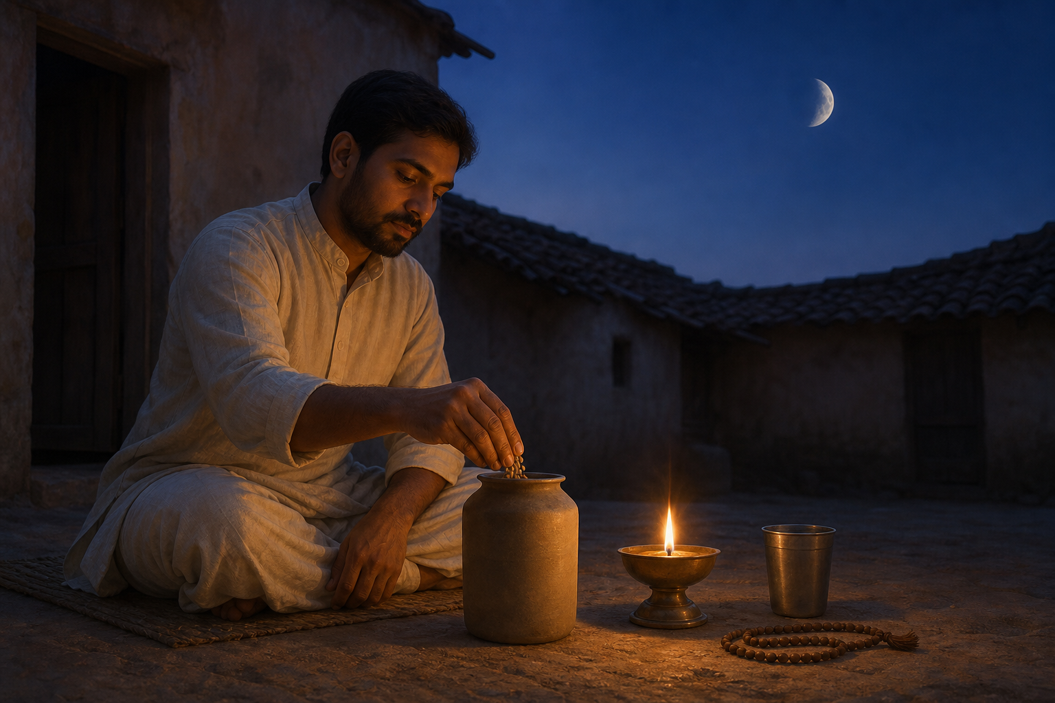 A devotee adds grain to a donation jar beside a lamp, water cup, and prayer beads under a waning moon at dusk.