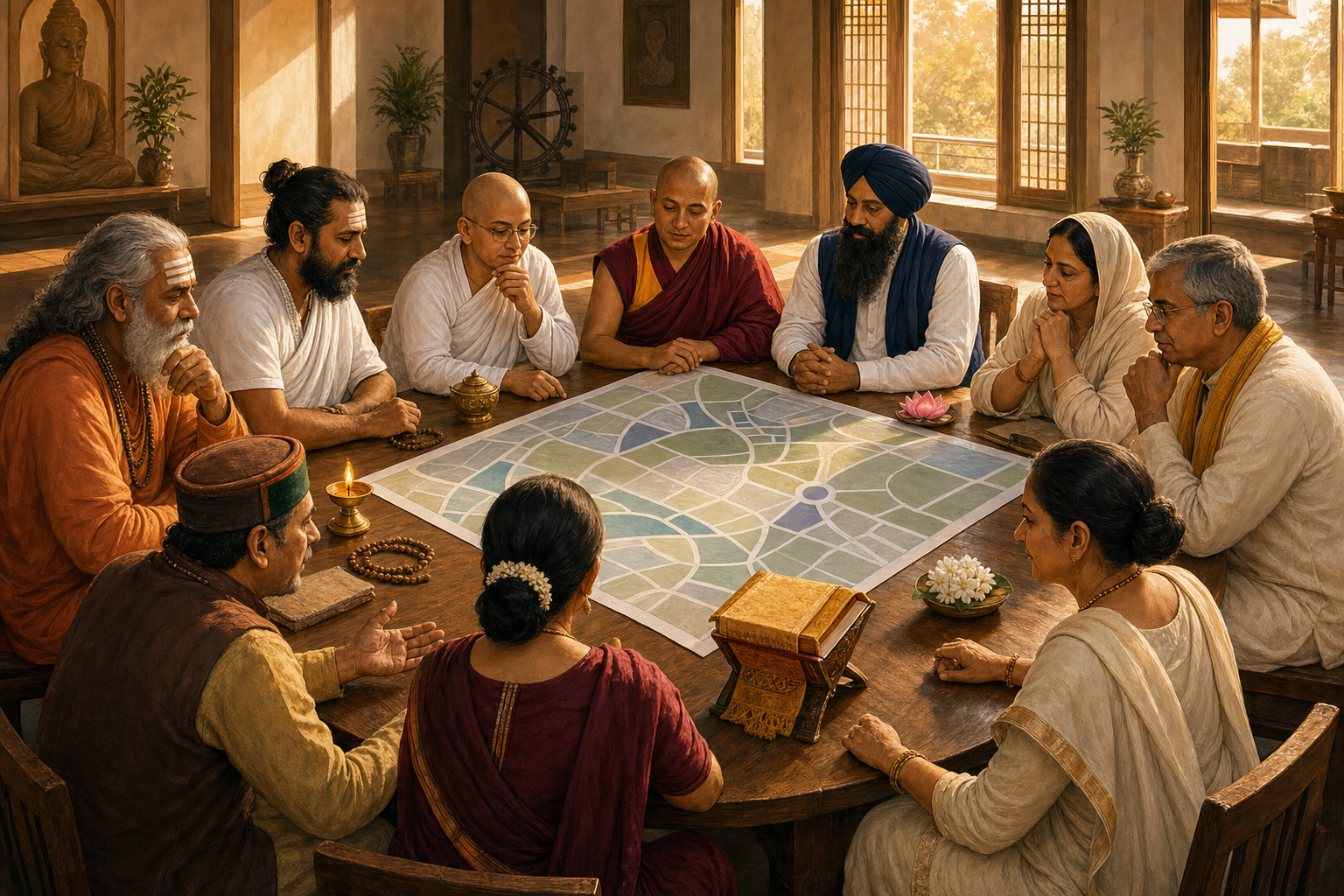 Hindu, Jain, Buddhist, and Sikh community members collaborate around connected tables while retaining distinct cultural traditions.