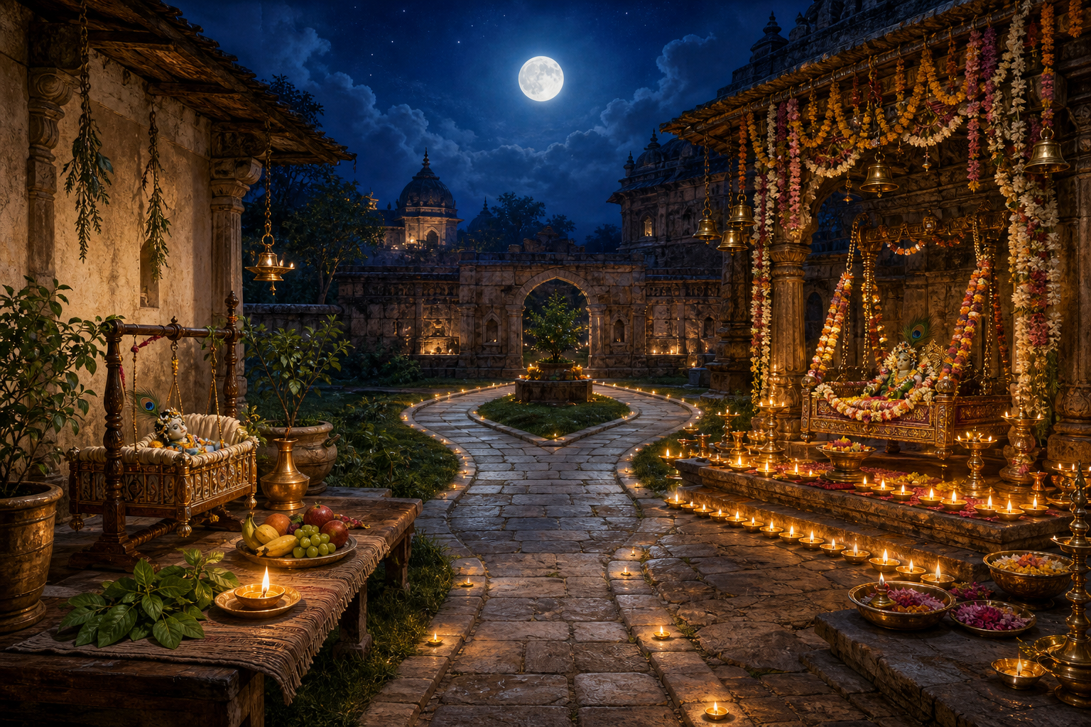 Two moonlit Janmashtami settings, a simple household vrata altar and an elaborate temple cradle celebration, connected by a stone path.